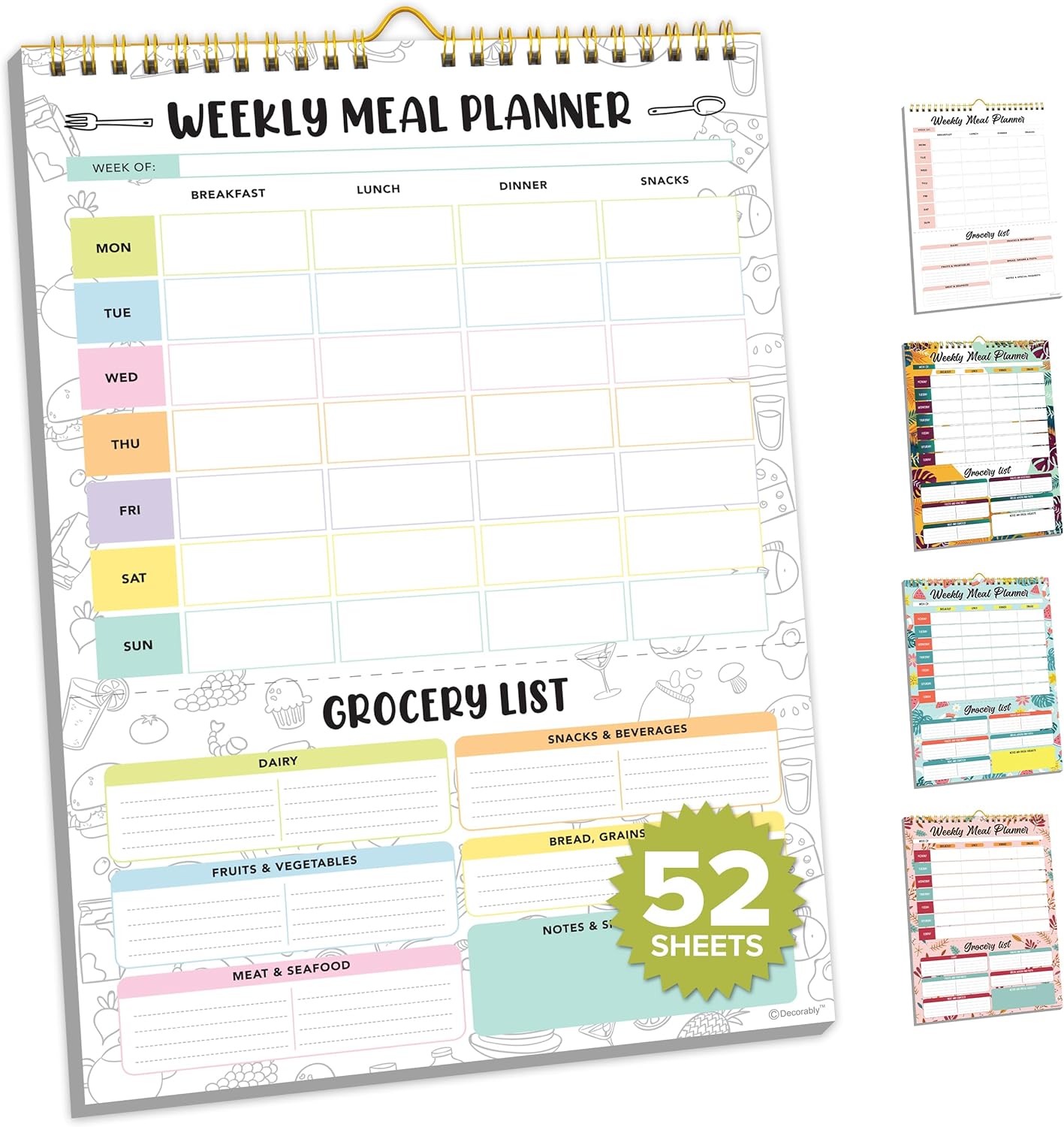 Petluno 52 Sheets Pastel Rainbow Undated Magnetic Weekly Meal Planner for Fridge with Grocery List and 4 Strong Magnets - 7x10in Spring-Bound, Refrigerator Mountable, Easy Tear-Off Design - Image 1