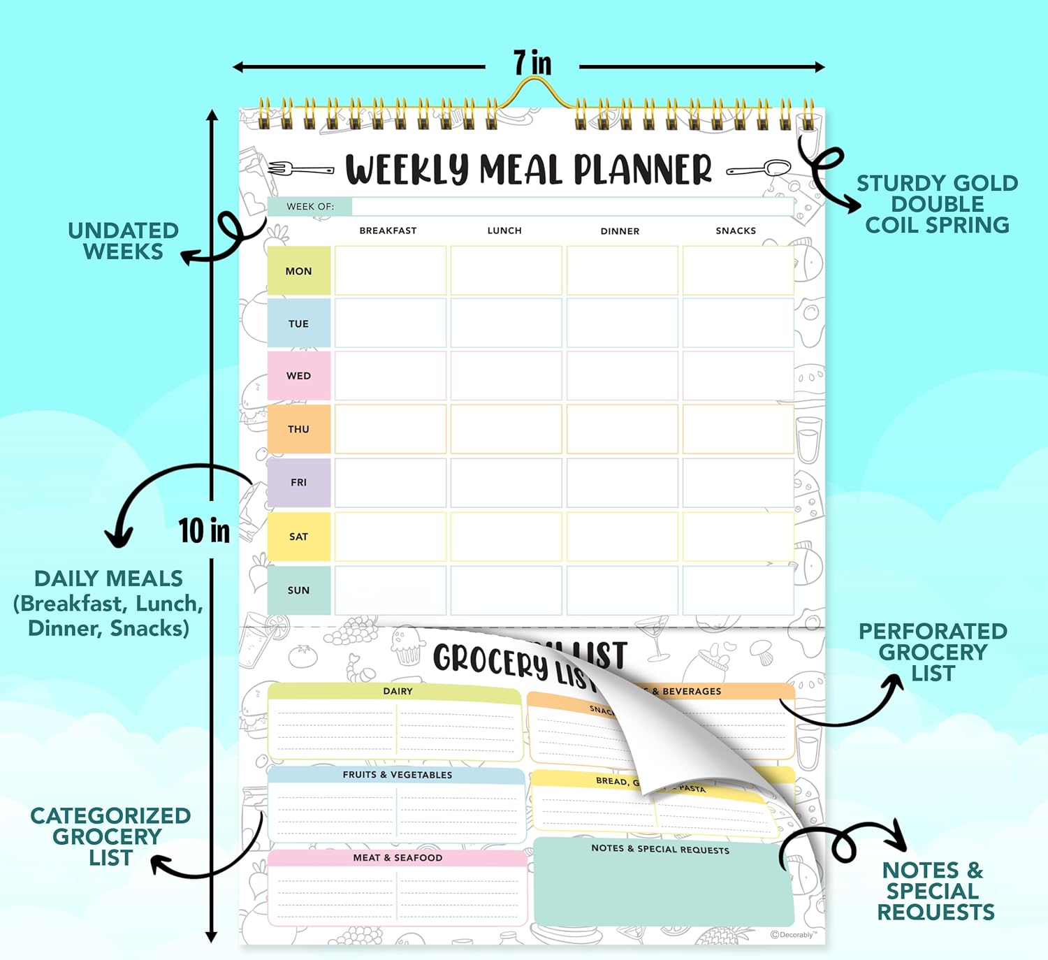 Petluno 52 Sheets Pastel Rainbow Undated Magnetic Weekly Meal Planner for Fridge with Grocery List and 4 Strong Magnets - 7x10in Spring-Bound, Refrigerator Mountable, Easy Tear-Off Design - Image 3