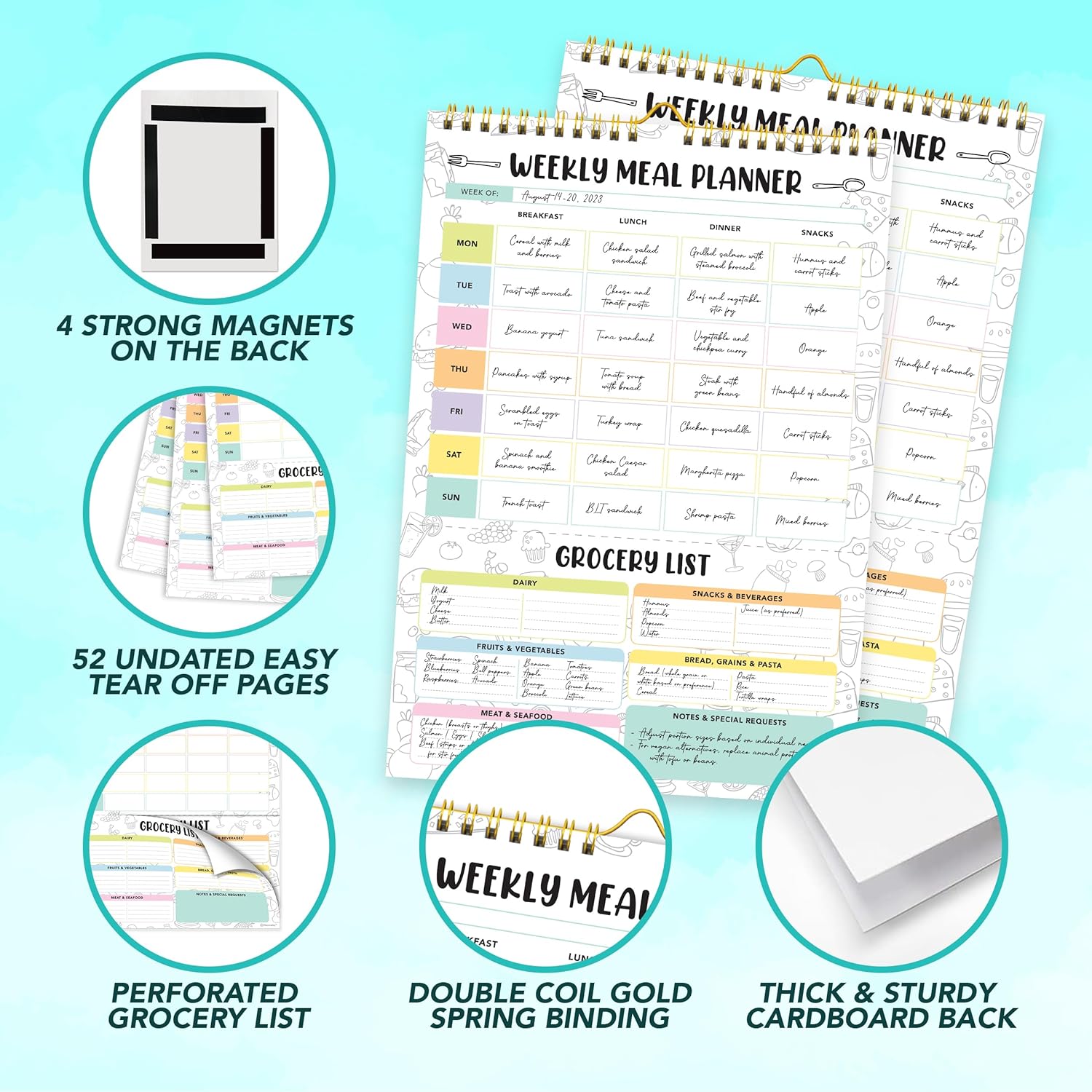 Petluno 52 Sheets Pastel Rainbow Undated Magnetic Weekly Meal Planner for Fridge with Grocery List and 4 Strong Magnets - 7x10in Spring-Bound, Refrigerator Mountable, Easy Tear-Off Design - Image 4
