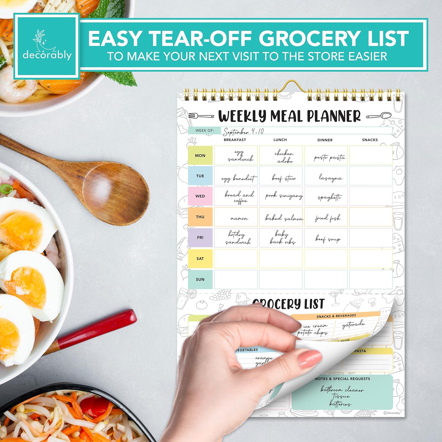 Petluno 52 Sheets Pastel Rainbow Undated Magnetic Weekly Meal Planner for Fridge with Grocery List and 4 Strong Magnets - 7x10in Spring-Bound, Refrigerator Mountable, Easy Tear-Off Design - Image 5