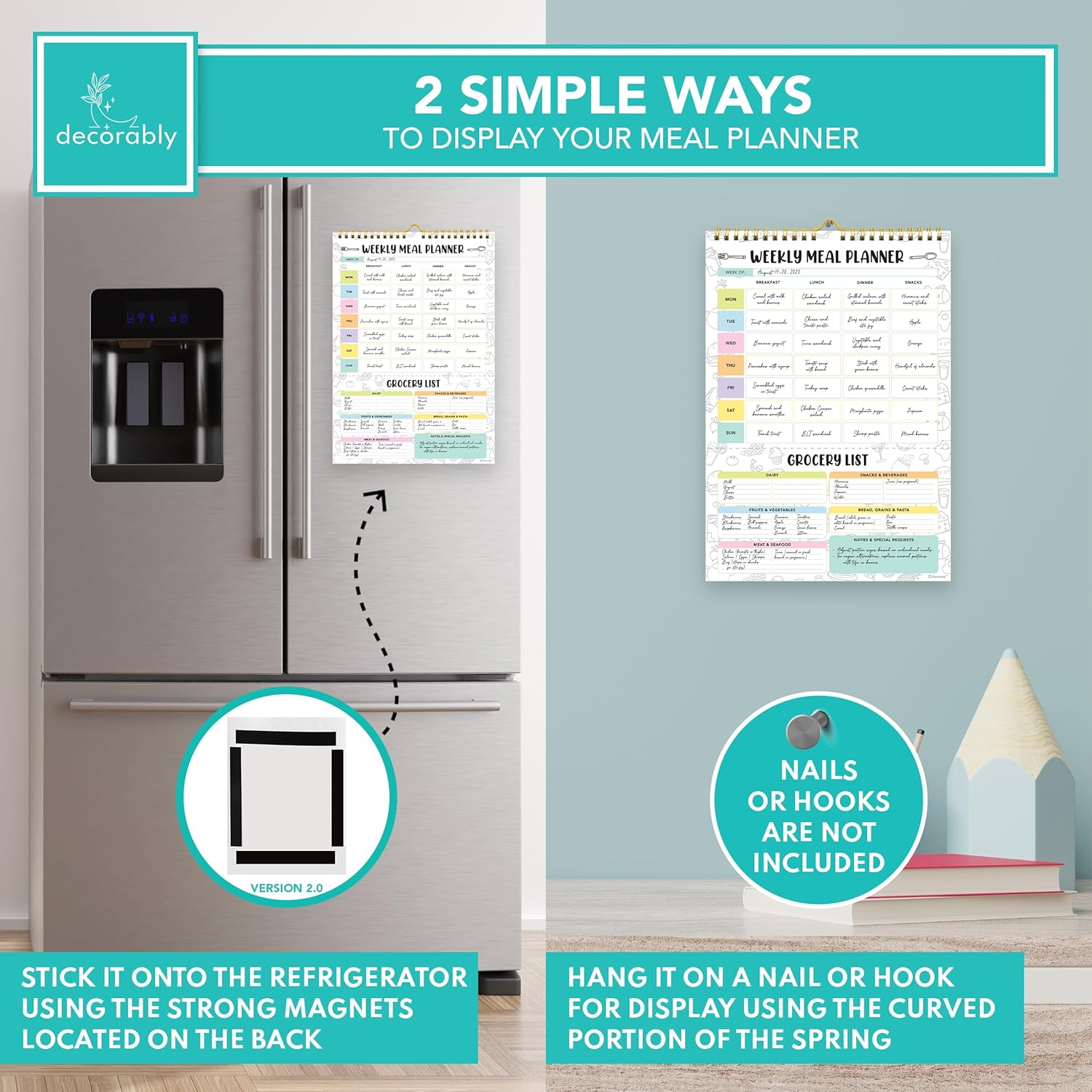 Petluno 52 Sheets Pastel Rainbow Undated Magnetic Weekly Meal Planner for Fridge with Grocery List and 4 Strong Magnets - 7x10in Spring-Bound, Refrigerator Mountable, Easy Tear-Off Design - Image 6