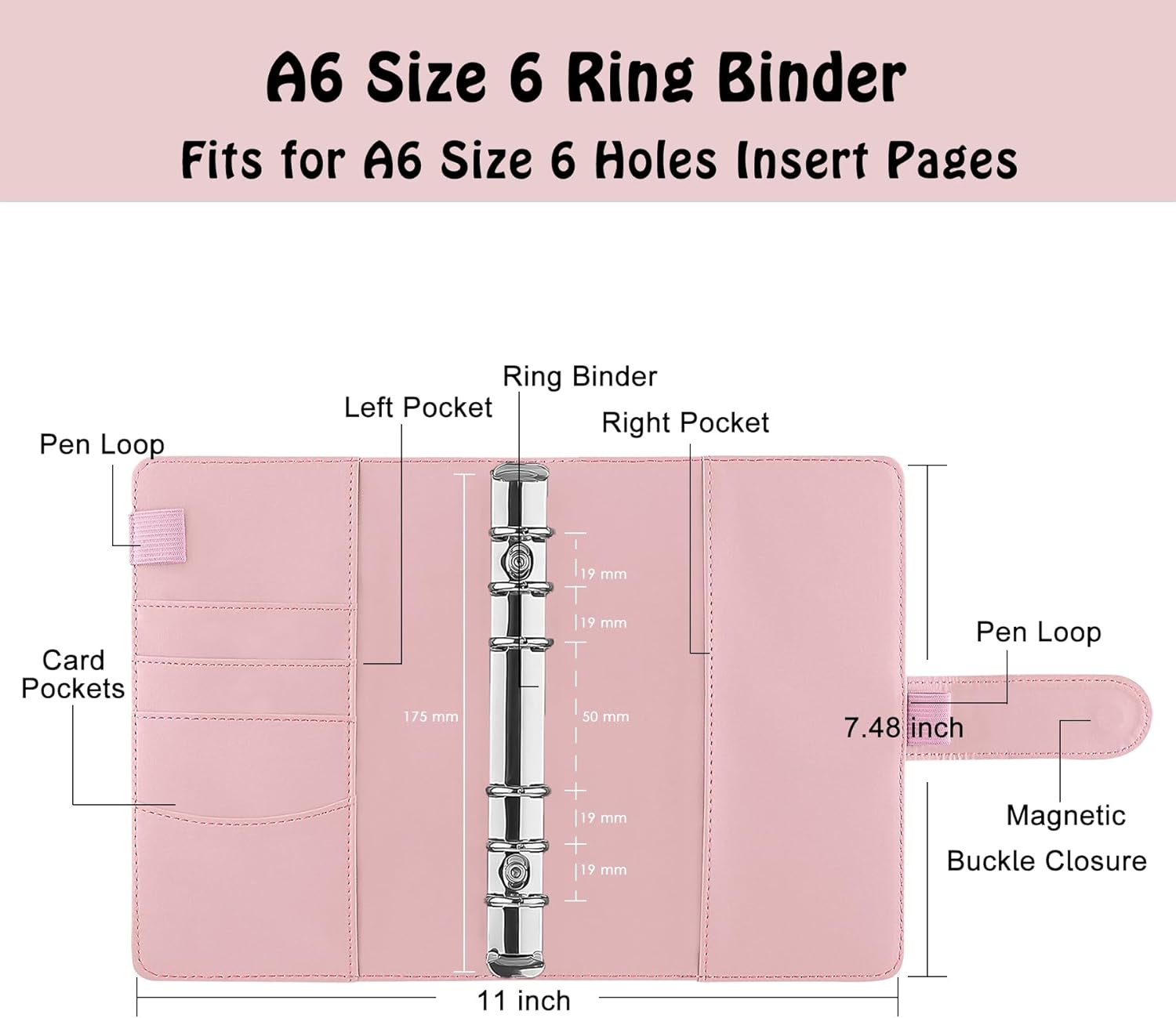 Petluno A6 PU Leather Notebook Binder 6 Ring Refillable Budget Cover for Refill Paper, Loose Leaf Personal Planner Organizer with Magnetic Buckle School, Office, Travel & Photocard, Pink - Image 2