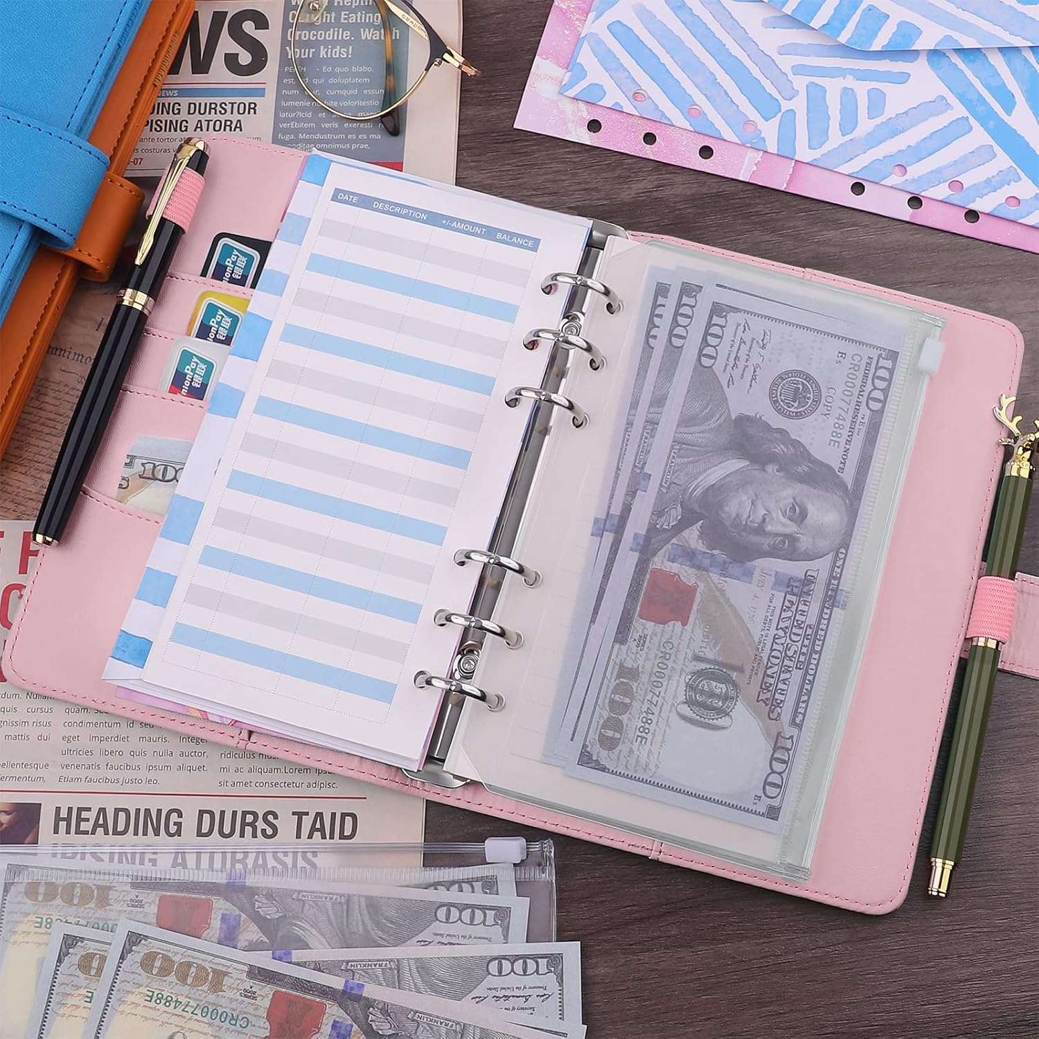 Petluno A6 PU Leather Notebook Binder 6 Ring Refillable Budget Cover for Refill Paper, Loose Leaf Personal Planner Organizer with Magnetic Buckle School, Office, Travel & Photocard, Pink - Image 6