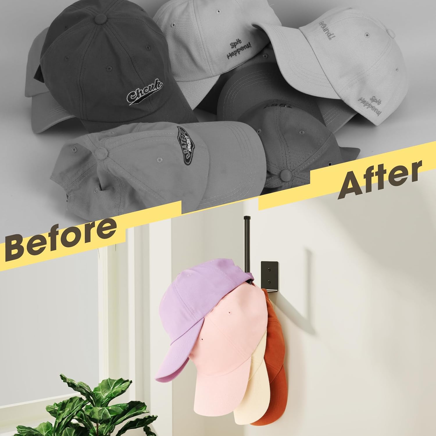 2 Pack Hat Racks for Baseball Caps, Stainless Steel Organizer Cap, Holder Storage Organizer, Hanger Strong Adhesive/Wall Drilled Door, Bedroom, Closet(Black 6 in) Black in - Image 7