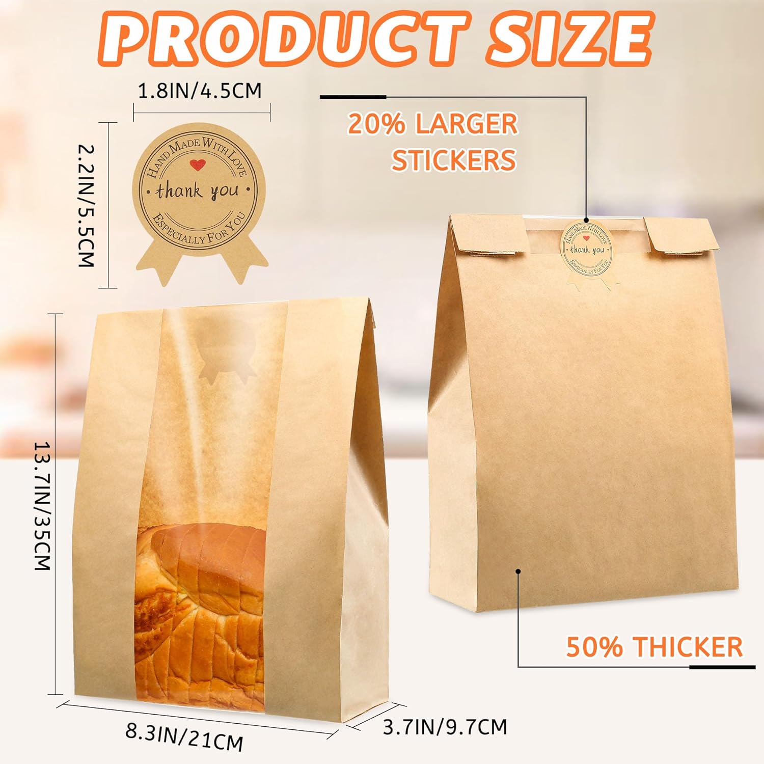 50 Pcs Bread Bags for Homemade Bread, Sourdough Paper With Window, 50% Thicker 13.7x8.2x3.7in A Large Bakery Used Storage Cookies & Snacks, 60 Cute Sealing Stickers Ties - Image 2