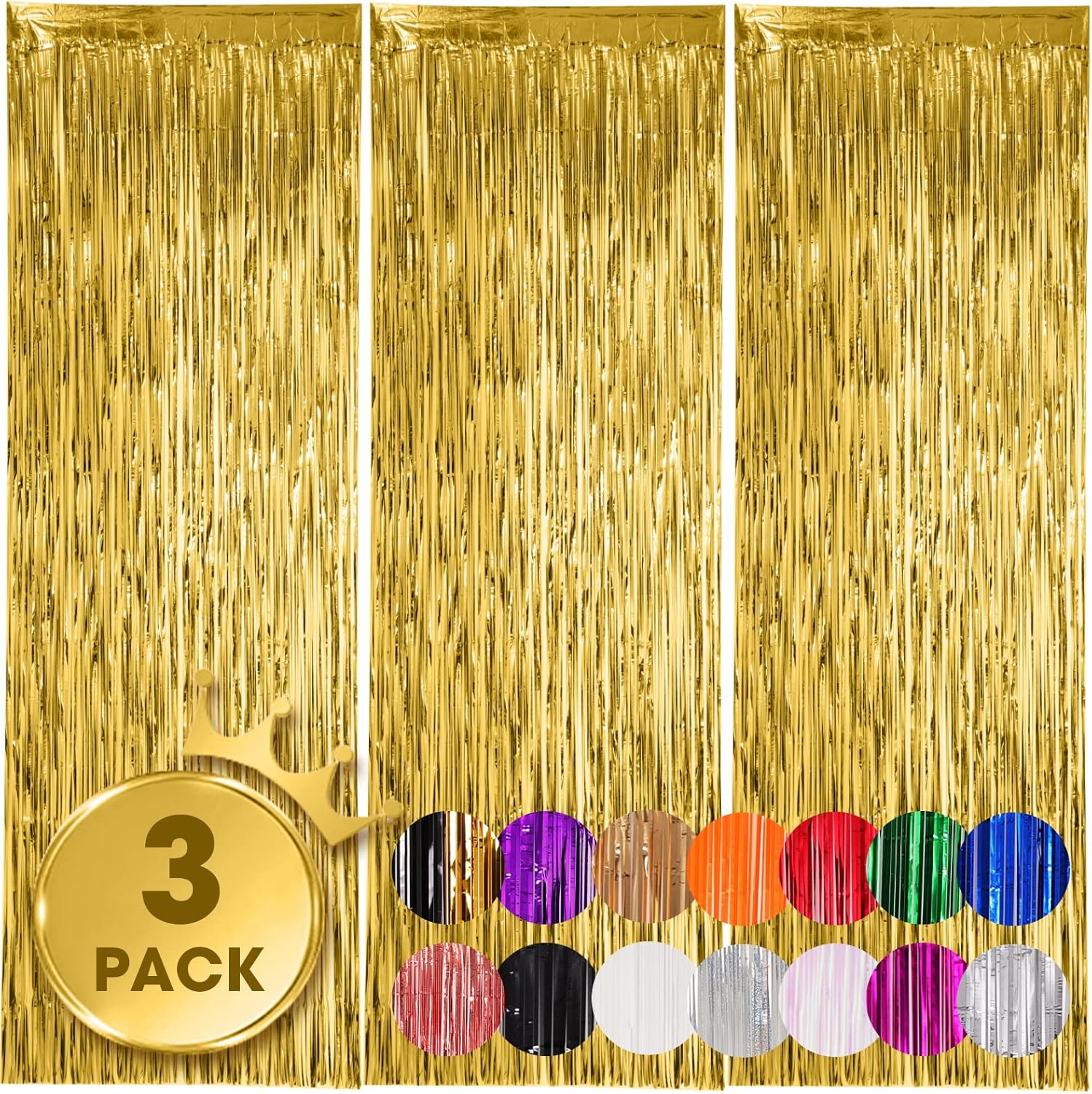 3 Pack 3.3x8.2 Feet Gold Foil Fringe Backdrop Curtains, Tinsel Streamers, for 2025 New Years Eve, Graduation, Birthday, Baby Shower, Gender Reveal, Disco Party 05 - Image 1
