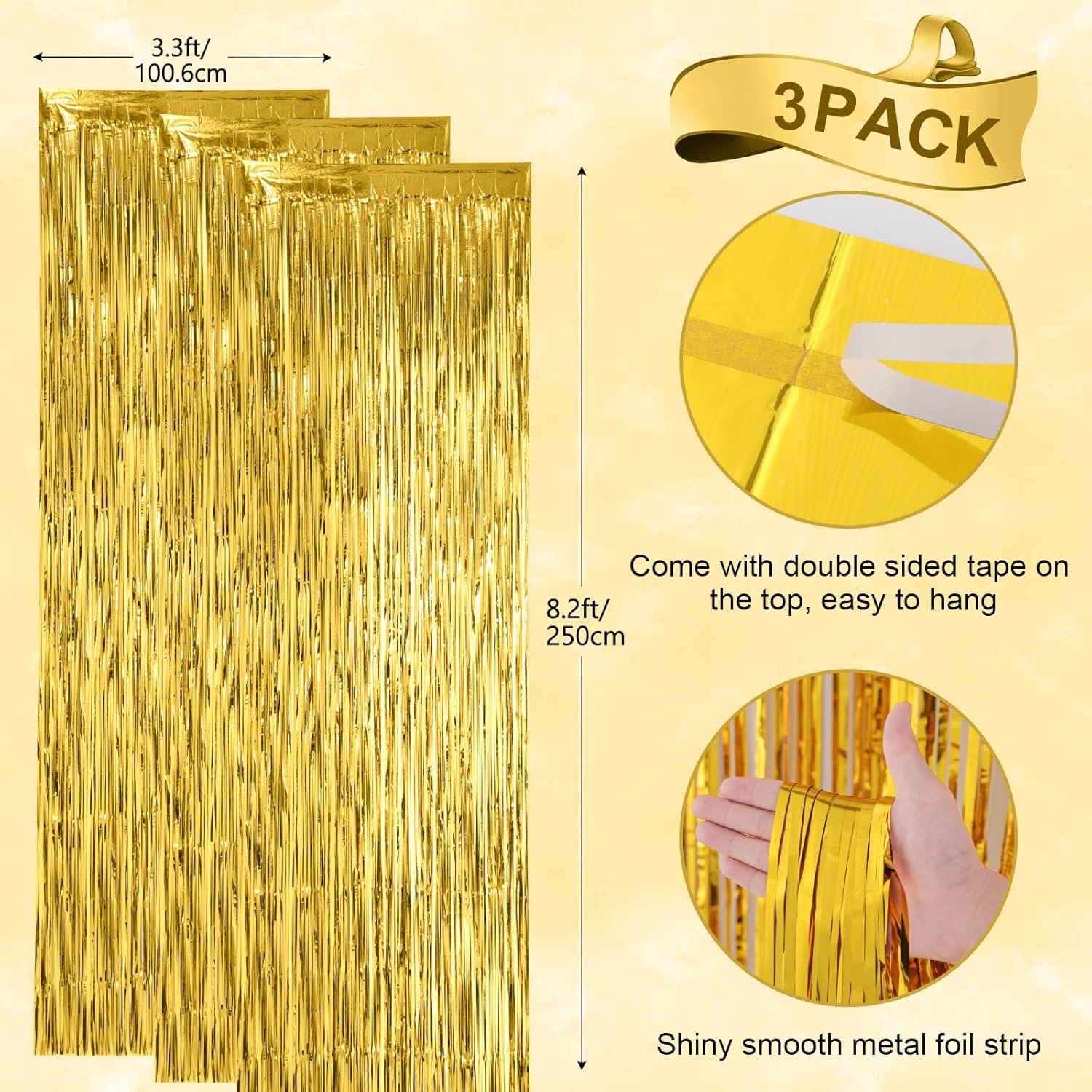 3 Pack 3.3x8.2 Feet Gold Foil Fringe Backdrop Curtains, Tinsel Streamers, for 2025 New Years Eve, Graduation, Birthday, Baby Shower, Gender Reveal, Disco Party 05 - Image 3