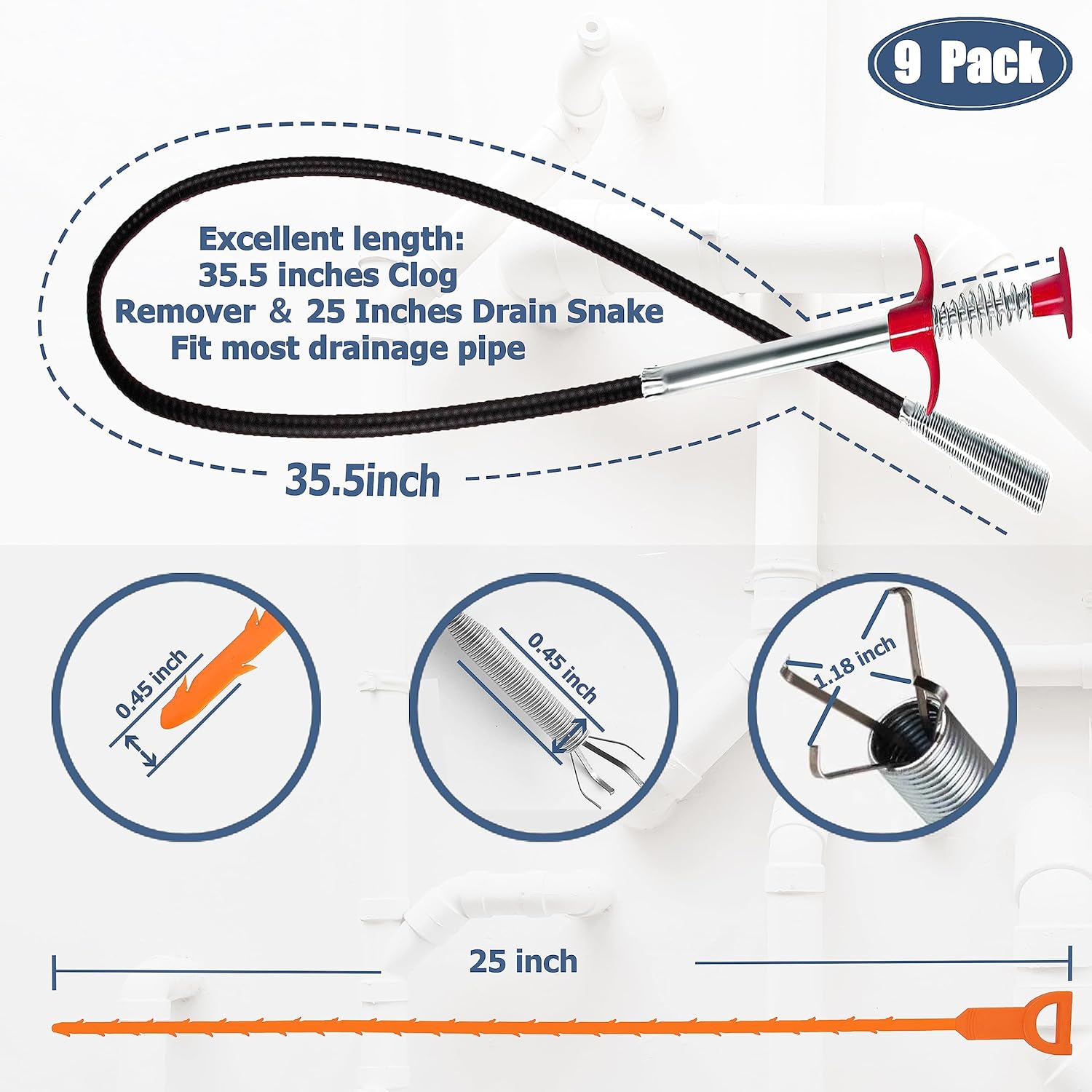 35.5-inch Drain Clog Remover (1 piece), 25-inch Snake Hair Remover (6 pieces) & Cleaning Brush (2 pieces), Catcher Auger Cleaner Tool Set For Toilet, Kitchen Sink, Bathroom Tub, Sewer, 9 Pack - Image 2