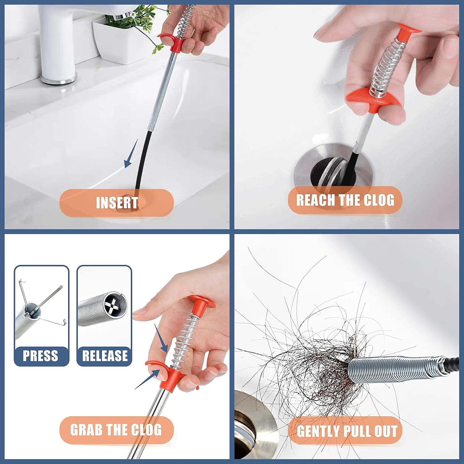 35.5-inch Drain Clog Remover (1 piece), 25-inch Snake Hair Remover (6 pieces) & Cleaning Brush (2 pieces), Catcher Auger Cleaner Tool Set For Toilet, Kitchen Sink, Bathroom Tub, Sewer, 9 Pack - Image 4