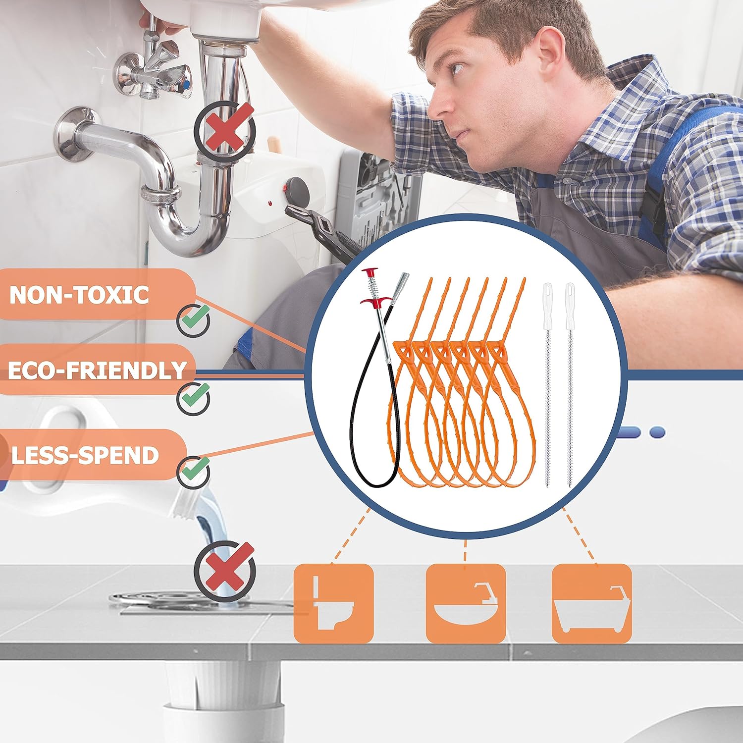 35.5-inch Drain Clog Remover (1 piece), 25-inch Snake Hair Remover (6 pieces) & Cleaning Brush (2 pieces), Catcher Auger Cleaner Tool Set For Toilet, Kitchen Sink, Bathroom Tub, Sewer, 9 Pack - Image 7