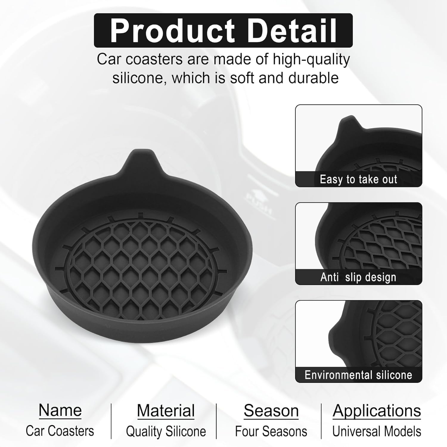 Petluno Car Cup Holder Coaster, Silicone Insert, Universal Non-Slip Holders, Interior Accessories for Women and Men, 4 Pack Black - Image 2