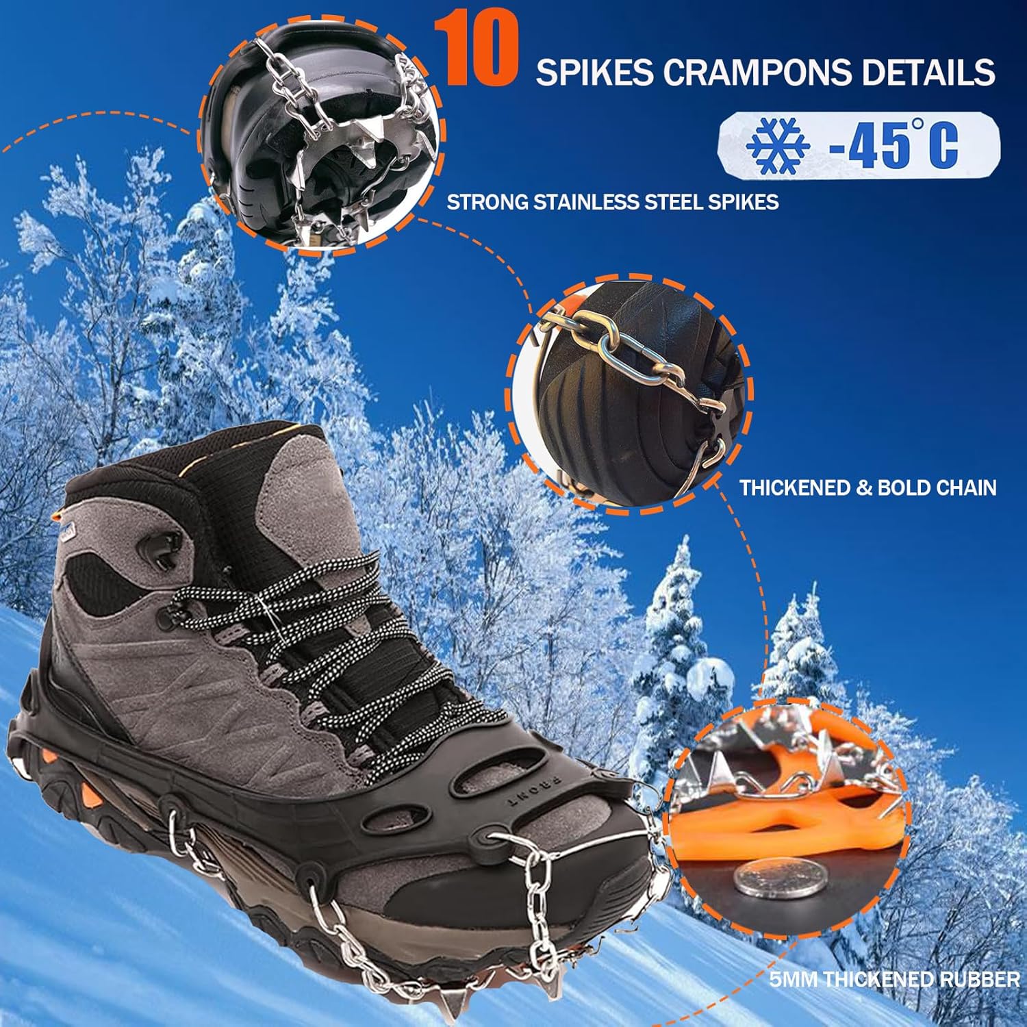Grödel Stijgijzers for hiking boots with 10 teeth, crampons, shoe spikes, winter, anti-slip shoe spikes for men, women, adults, suitable for walking, trail running, - Image 2