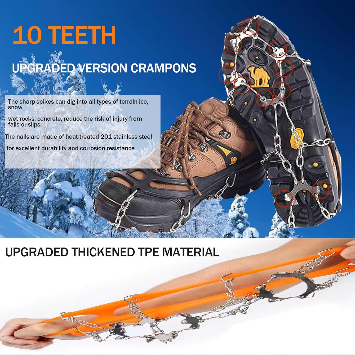 Grödel Stijgijzers for hiking boots with 10 teeth, crampons, shoe spikes, winter, anti-slip shoe spikes for men, women, adults, suitable for walking, trail running, - Image 3