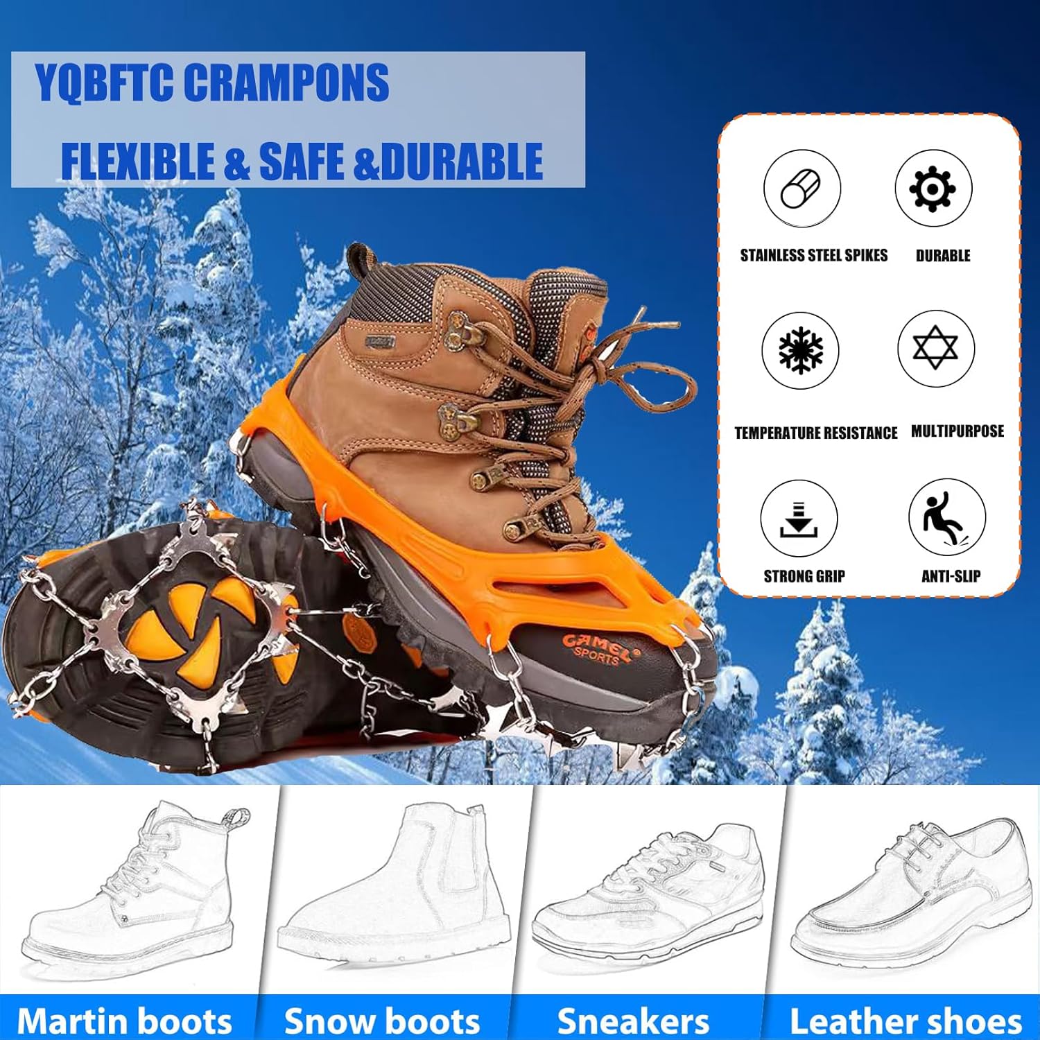 Grödel Stijgijzers for hiking boots with 10 teeth, crampons, shoe spikes, winter, anti-slip shoe spikes for men, women, adults, suitable for walking, trail running, - Image 4