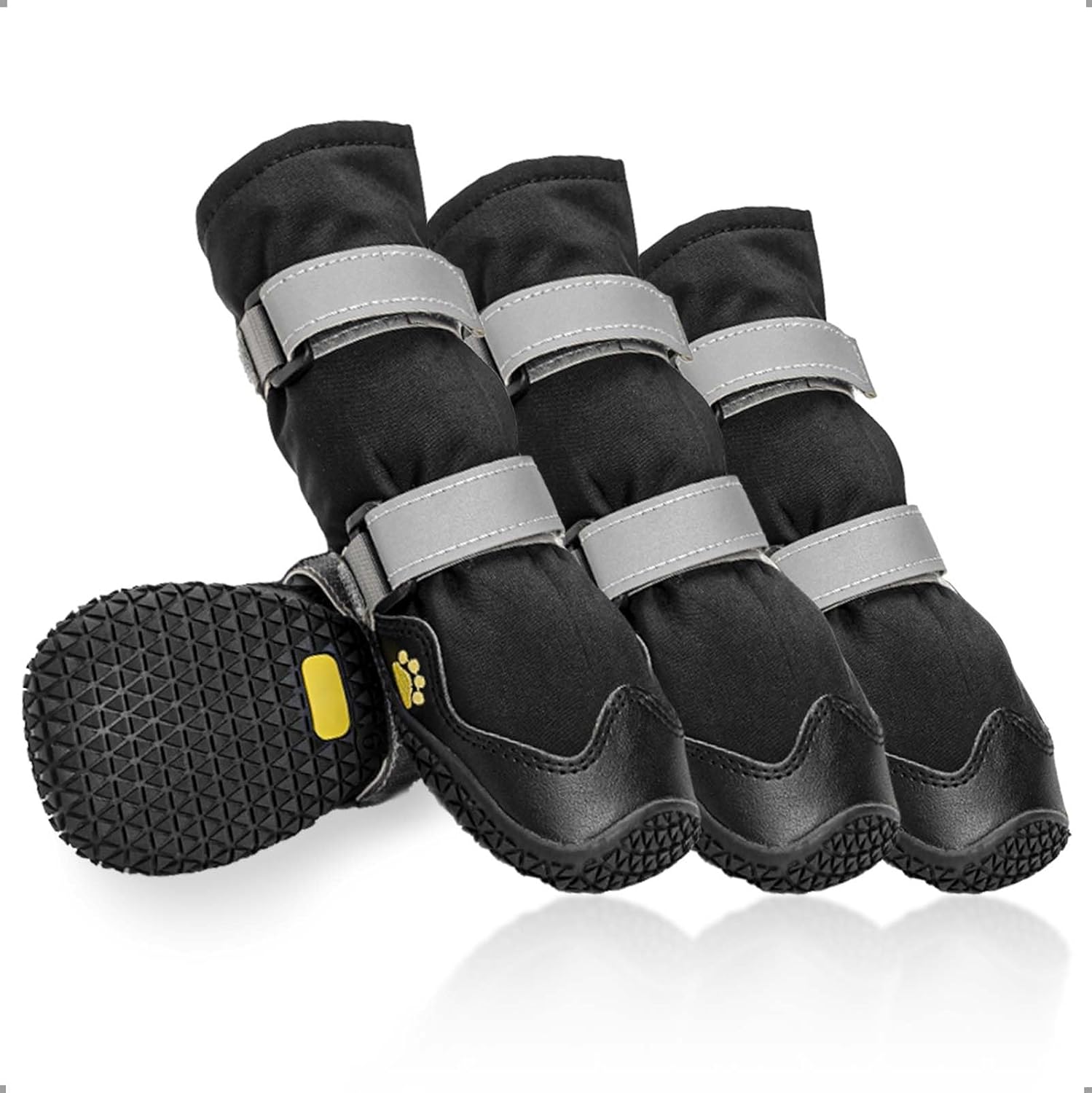 Anti-slip dog shoes with reflective strips, high waterproof dog boots, durable leather rubber sole dog paw protectors for small, medium and large dogs, 4 pieces (XL, black) - Image 1