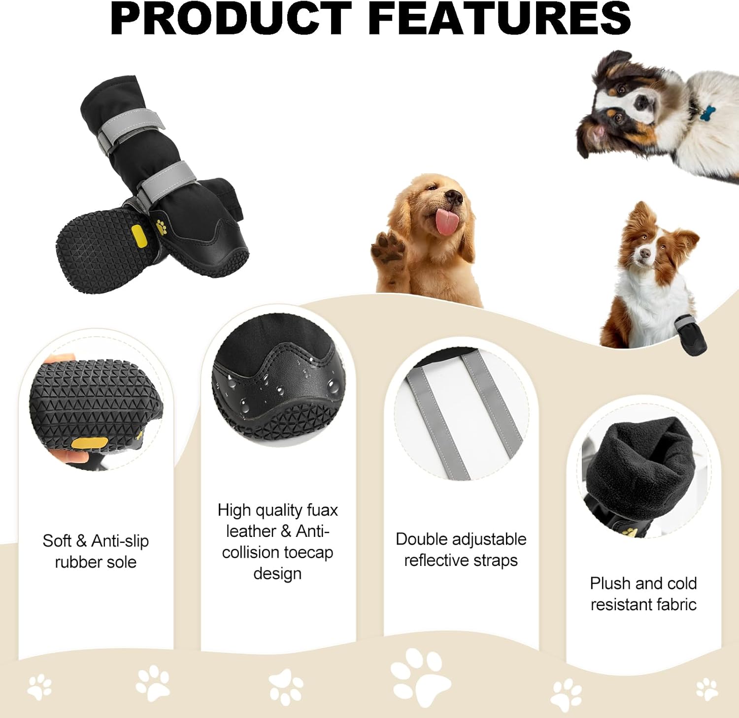 Anti-slip dog shoes with reflective strips, high waterproof dog boots, durable leather rubber sole dog paw protectors for small, medium and large dogs, 4 pieces (XL, black) - Image 2