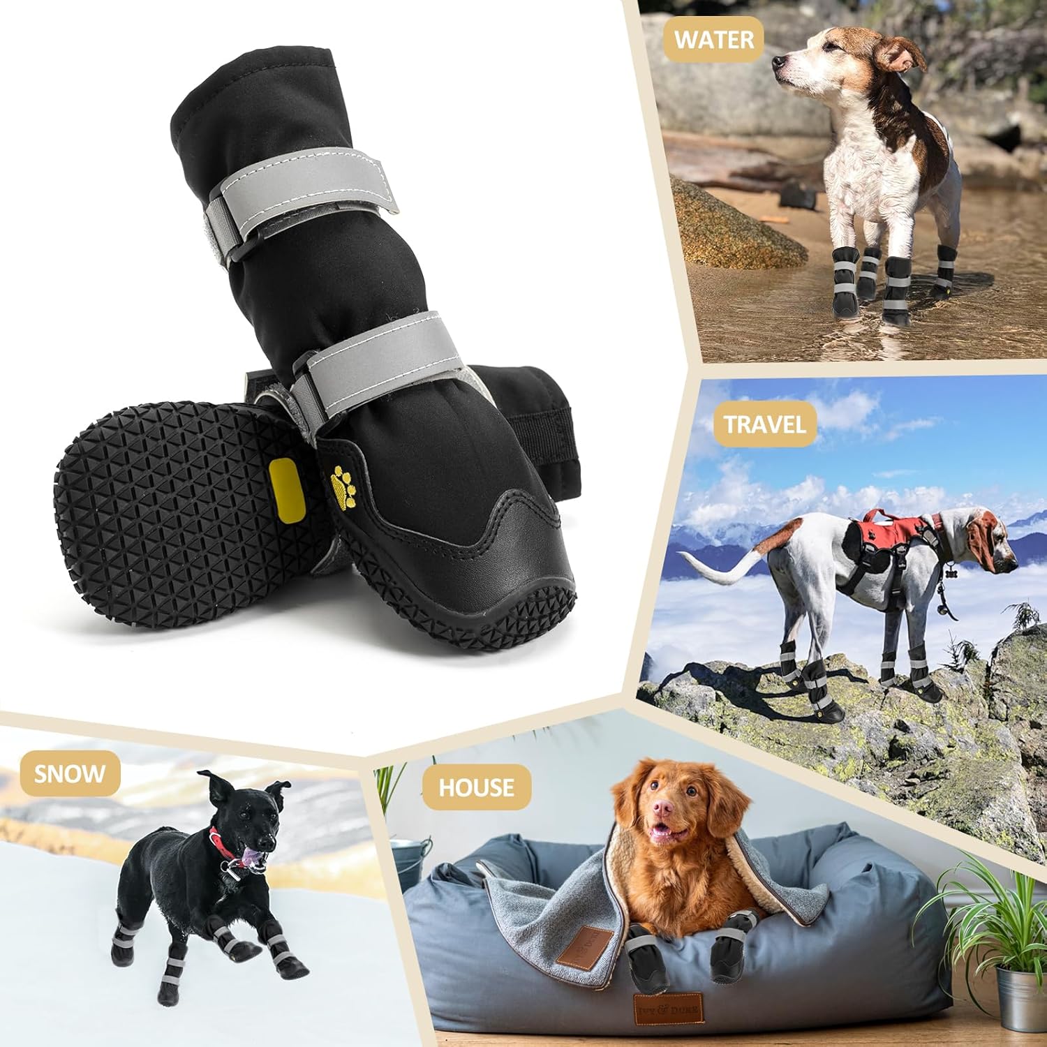 Anti-slip dog shoes with reflective strips, high waterproof dog boots, durable leather rubber sole dog paw protectors for small, medium and large dogs, 4 pieces (XL, black) - Image 5