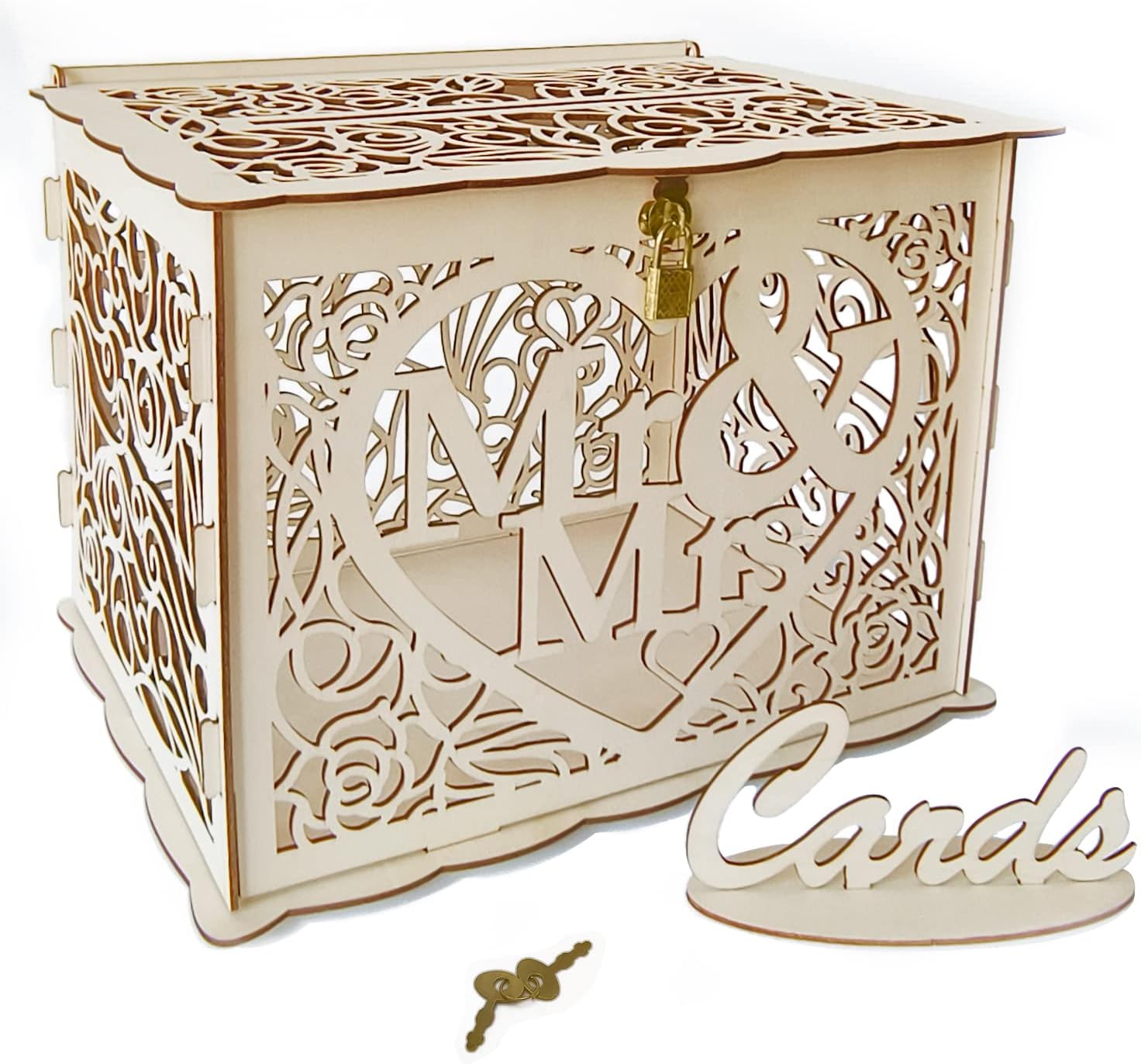 Petluno Latest design letterbox wedding gift vouchers box vintage large DIY wooden cards box money box with lock for birthday babyshower anniversary (Mr & Mrs, yellow) yellow - Image 1