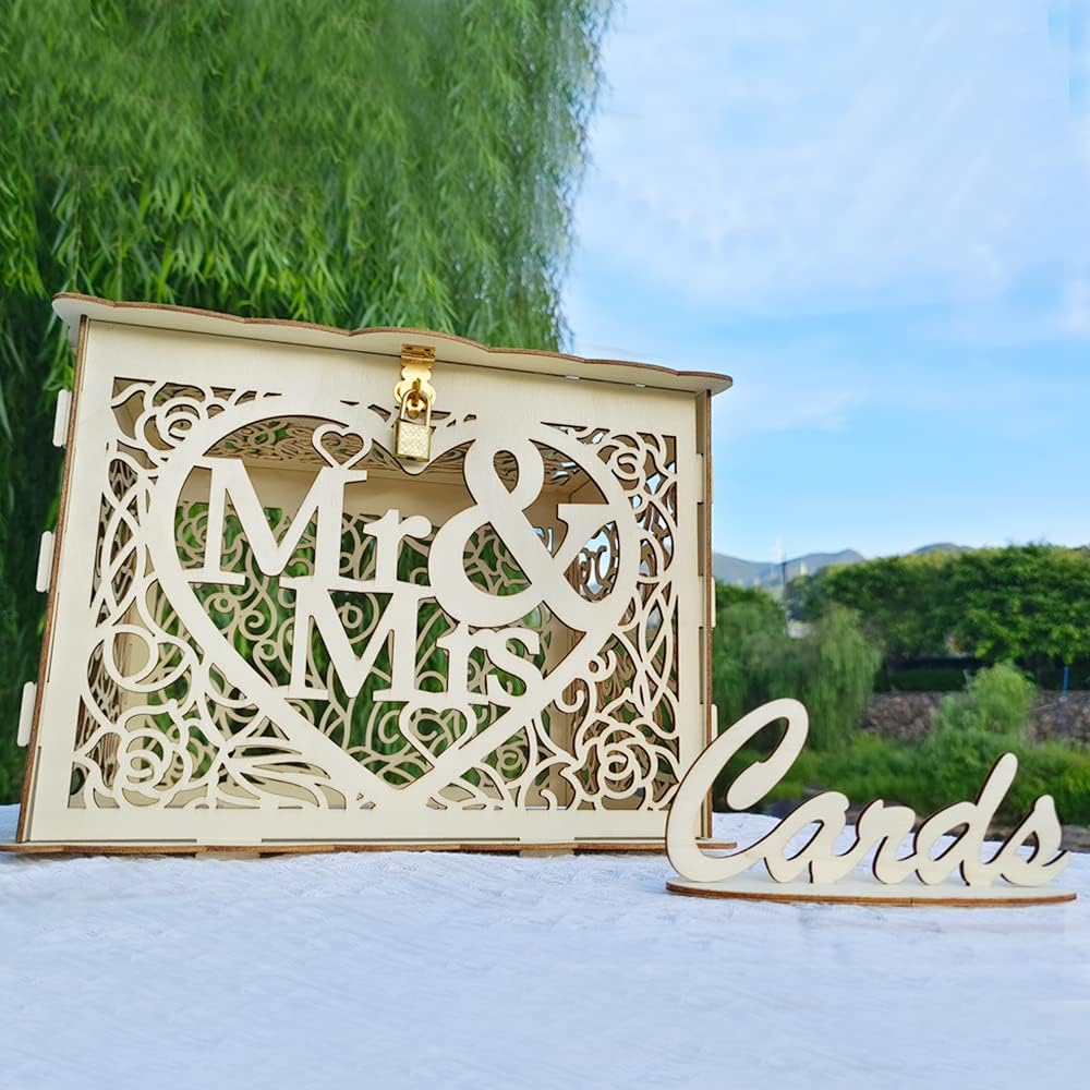 Petluno Latest design letterbox wedding gift vouchers box vintage large DIY wooden cards box money box with lock for birthday babyshower anniversary (Mr & Mrs, yellow) yellow - Image 2