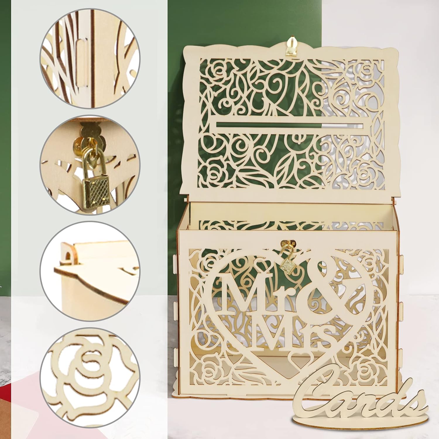 Petluno Latest design letterbox wedding gift vouchers box vintage large DIY wooden cards box money box with lock for birthday babyshower anniversary (Mr & Mrs, yellow) yellow - Image 4