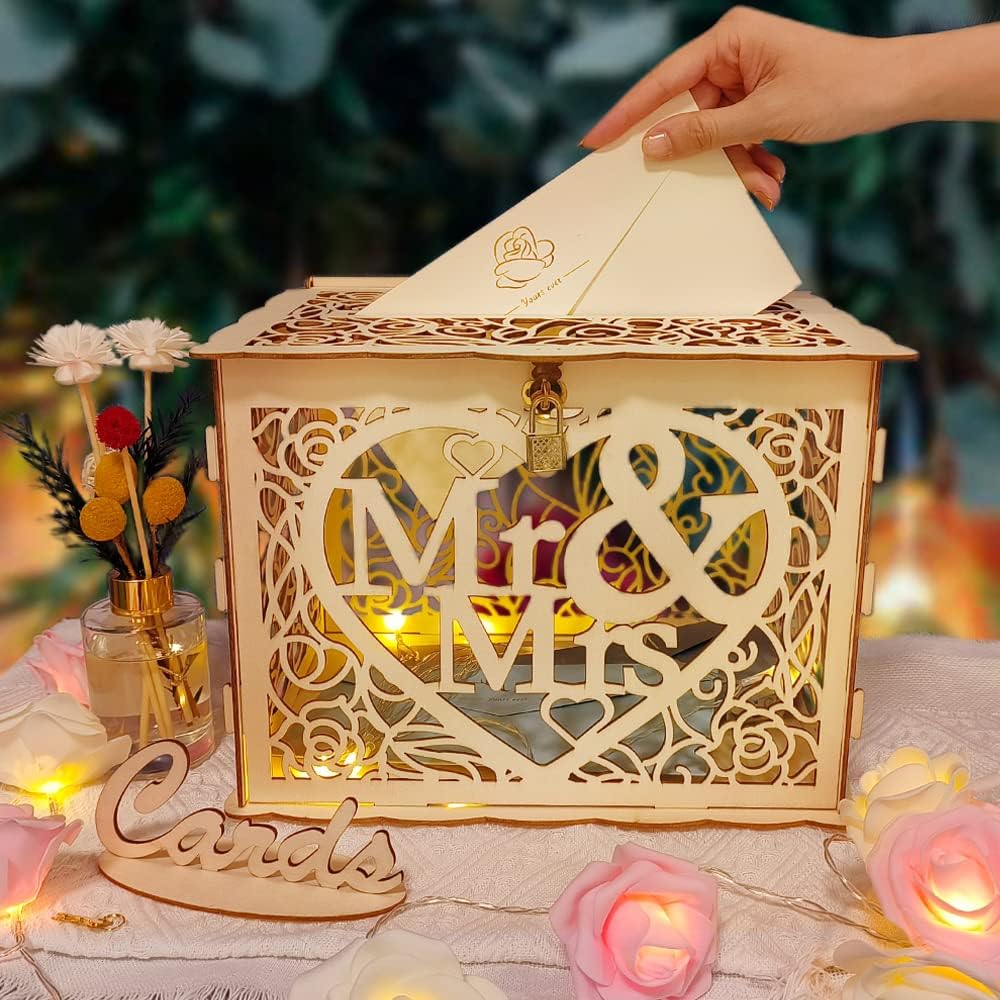 Petluno Latest design letterbox wedding gift vouchers box vintage large DIY wooden cards box money box with lock for birthday babyshower anniversary (Mr & Mrs, yellow) yellow - Image 6
