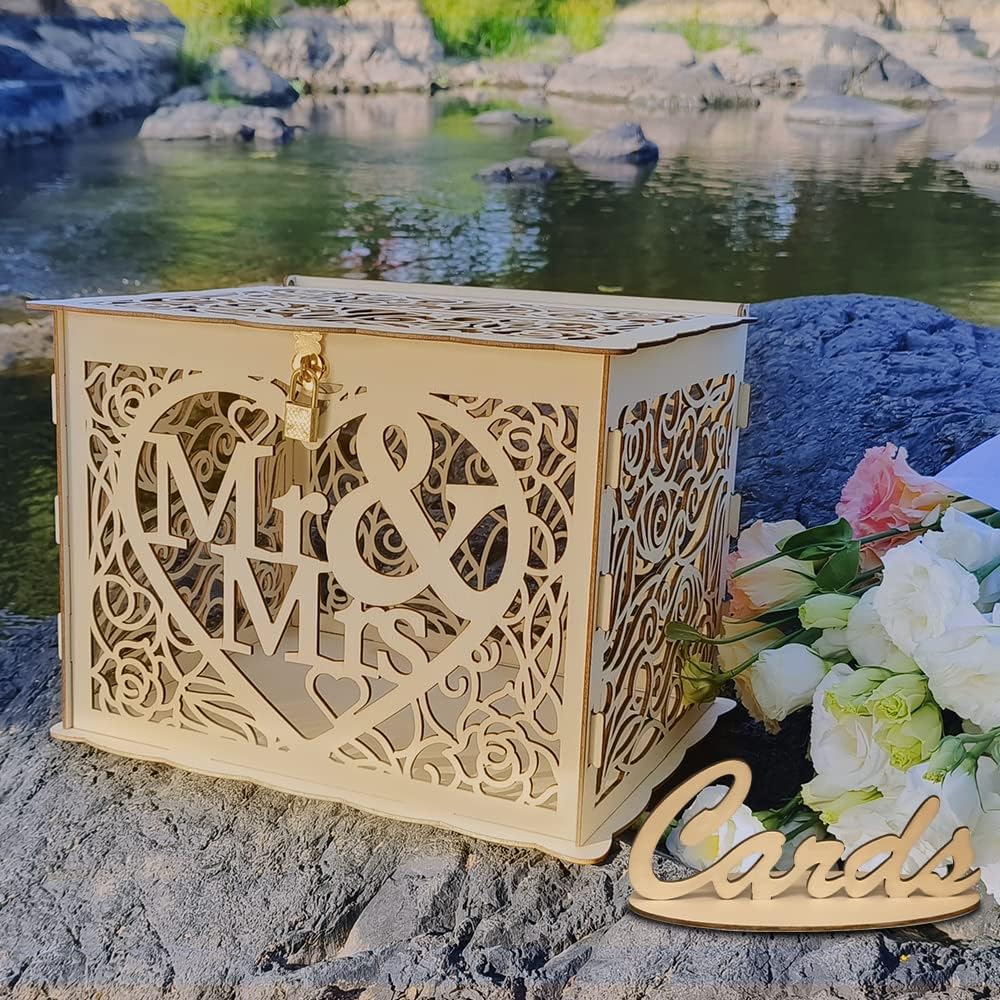 Petluno Latest design letterbox wedding gift vouchers box vintage large DIY wooden cards box money box with lock for birthday babyshower anniversary (Mr & Mrs, yellow) yellow - Image 7
