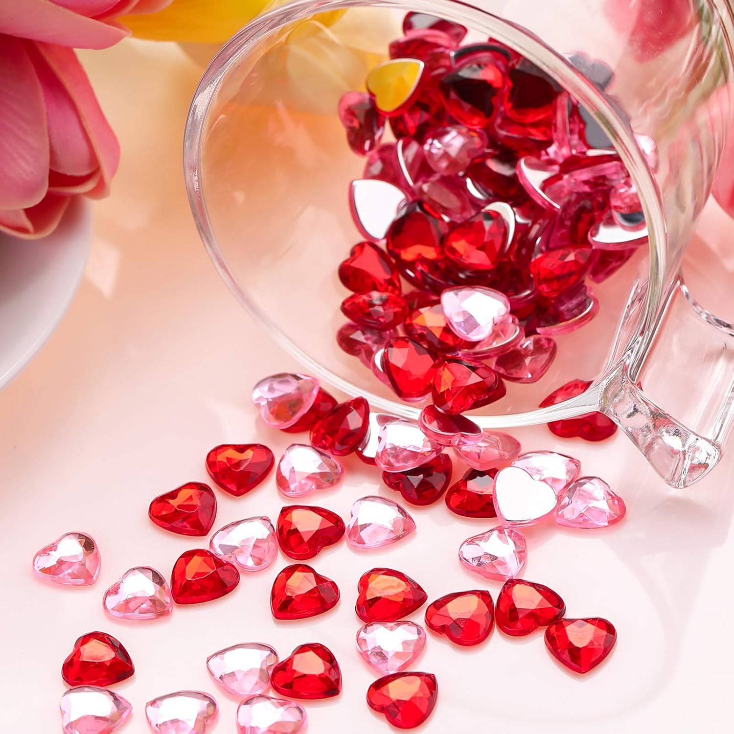 Petluno 200 red acrylic hearts for Valentine's Day, wedding, table, scattering, decoration, heart vase filler, 1.5 cm (200 pieces, red, pink) - Image 6