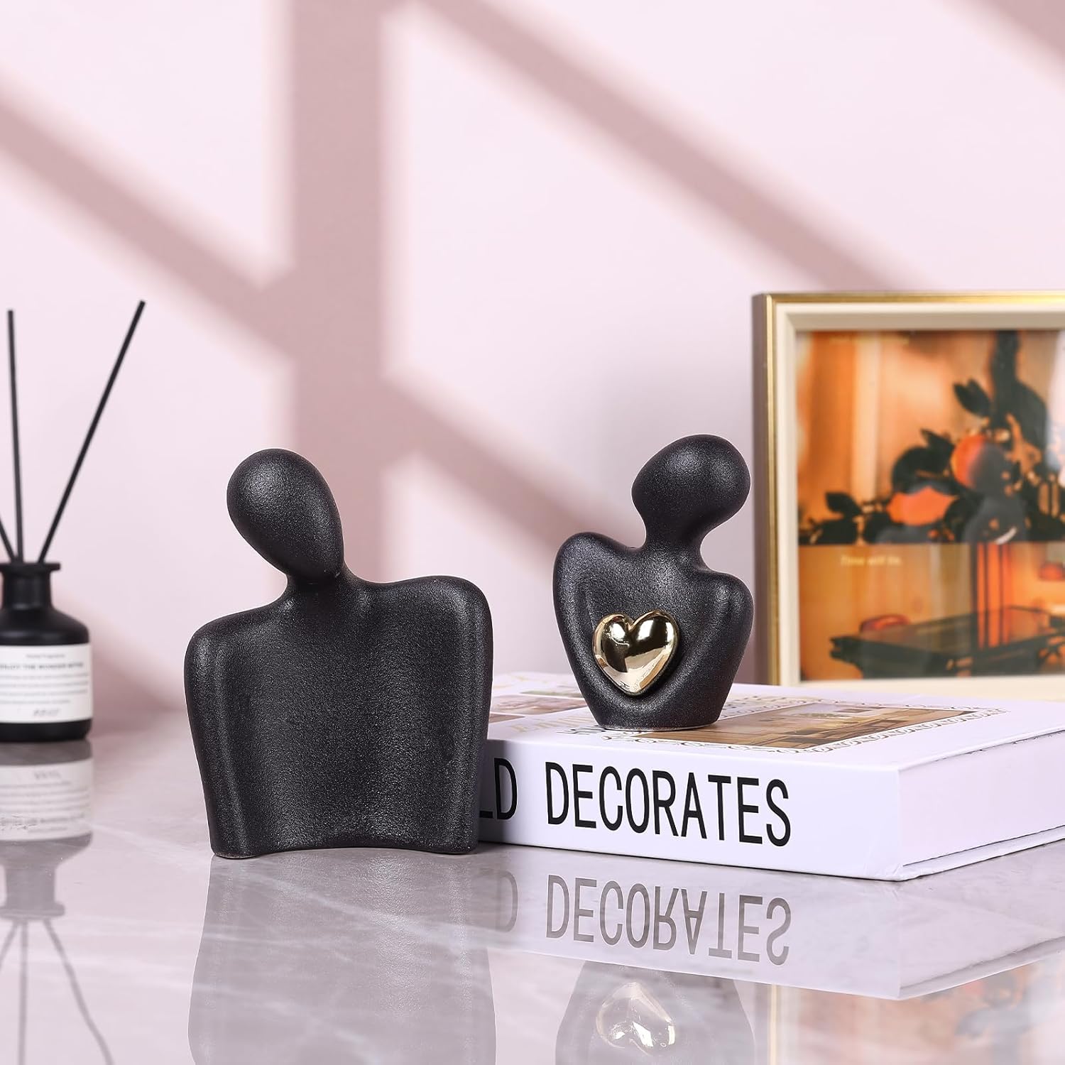 Mini Couples Statue - Ceramic Romantic Pair in Love Figurines for Bedroom Decor, TV Cabinet, Wedding Valentine's Gift, Small Knick Knacks Home Shelf (4.7 inch Black) 12 cm inch) Black - Image 2