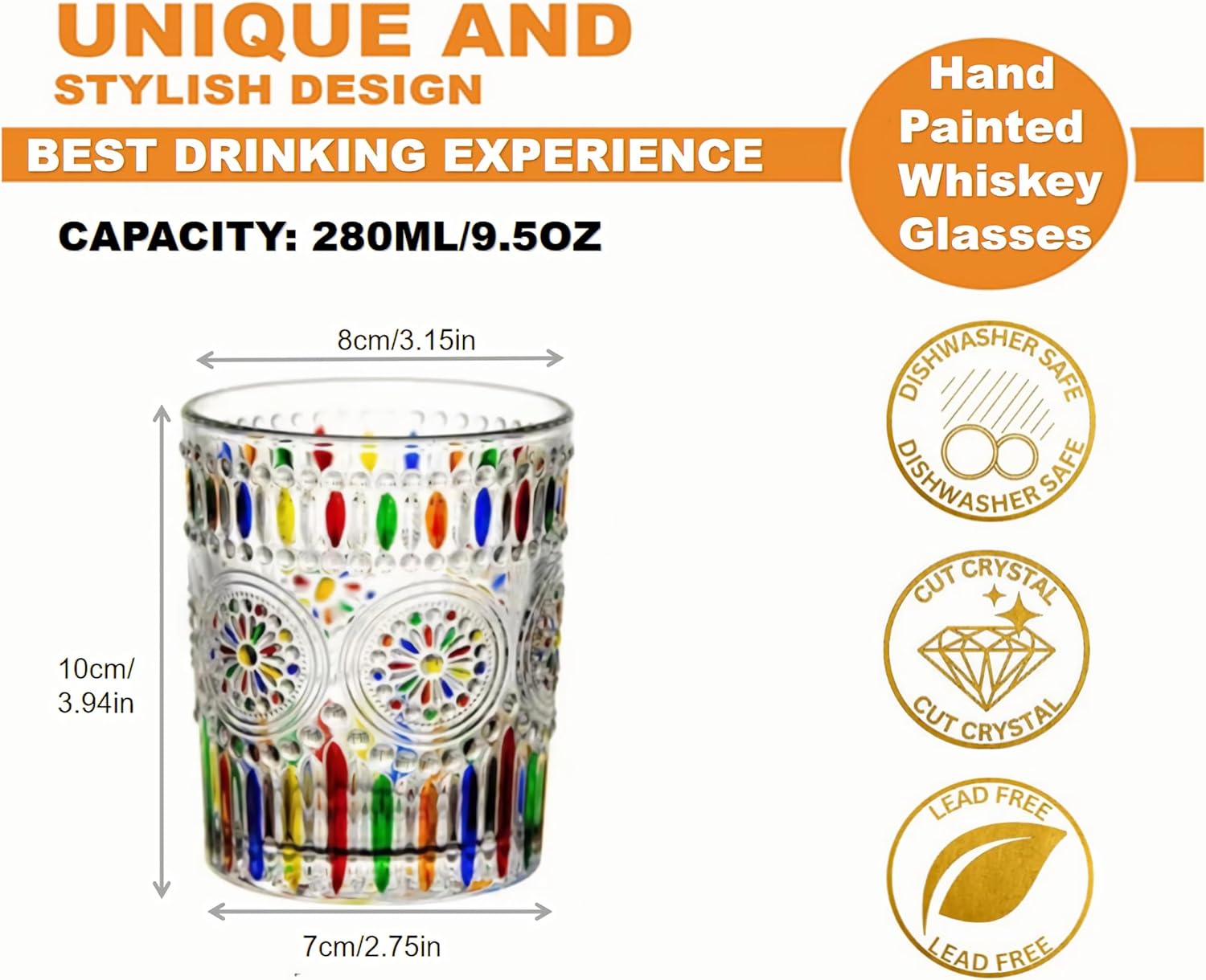 Petluno Hand Painted Stained Glass Whiskey Tumblers, Lead-Free Crystal Colorful Wine Glasses Old Fashioned for Drinking Bourbon, Scotch Whisky, Cocktails, Cognac - Father's Day Gift (Rainbow) - Image 2