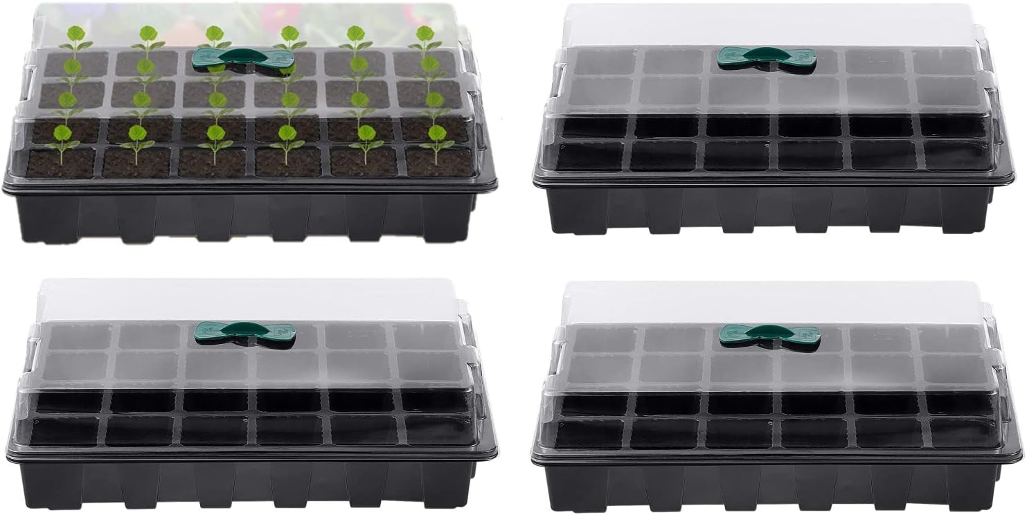 Petluno 4-piece seedling trays, 24-cell plastic seedling propagation trays, flower seed growing containers with adjustable ventilation openings for greenhouse, garden, home (with lids and bases) - Image 1
