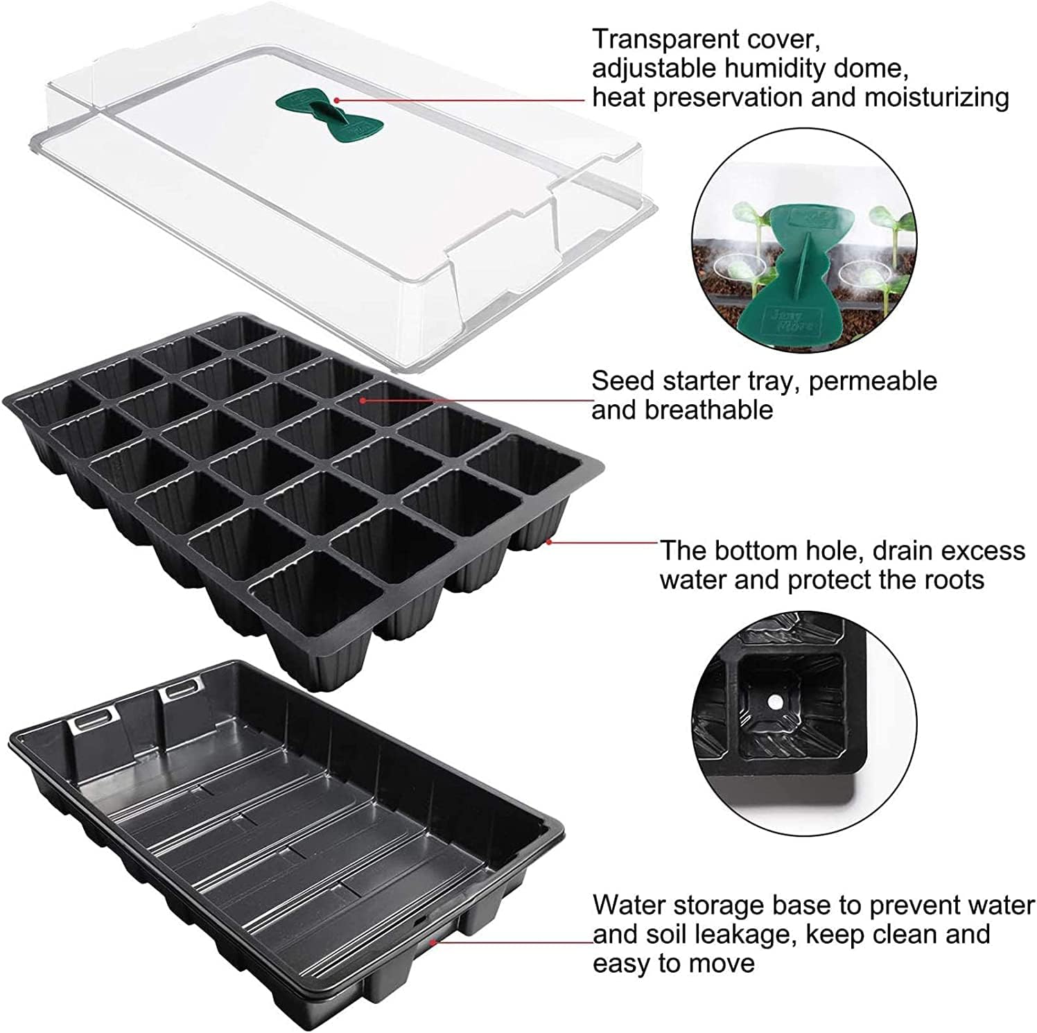 Petluno 4-piece seedling trays, 24-cell plastic seedling propagation trays, flower seed growing containers with adjustable ventilation openings for greenhouse, garden, home (with lids and bases) - Image 2