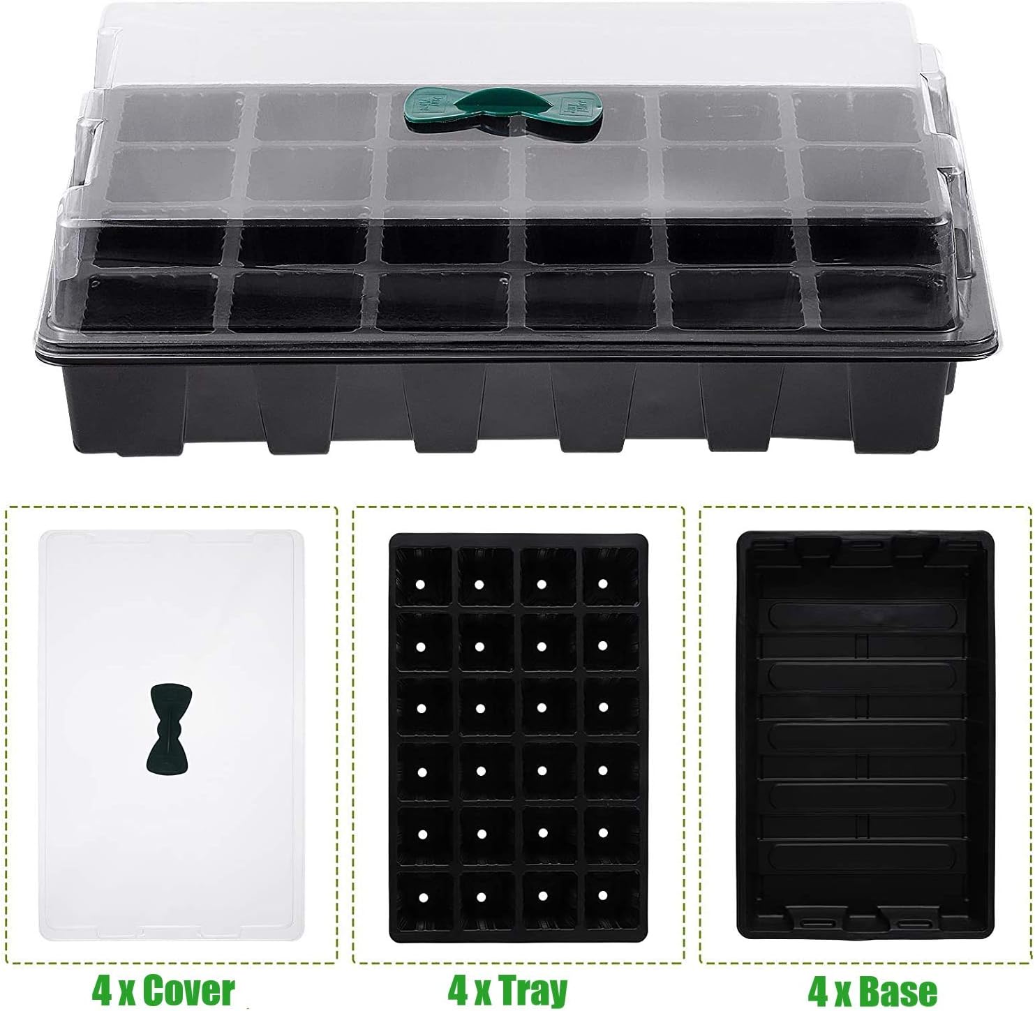 Petluno 4-piece seedling trays, 24-cell plastic seedling propagation trays, flower seed growing containers with adjustable ventilation openings for greenhouse, garden, home (with lids and bases) - Image 4