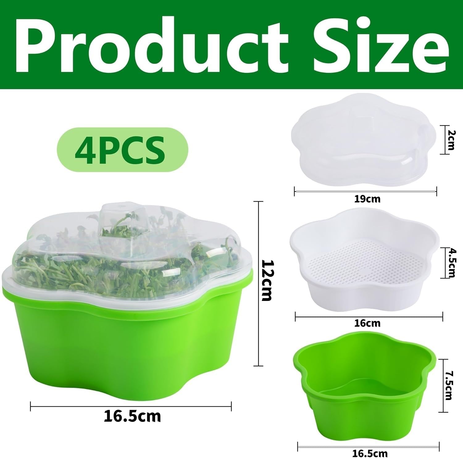 Petluno 4 pieces seedling pots with lids, 16 cm seedling pot BPA-free healthy hydroponic growing pot soil-free sprouting container for growing mung beans, alfalfa, wheatgrass - Image 3