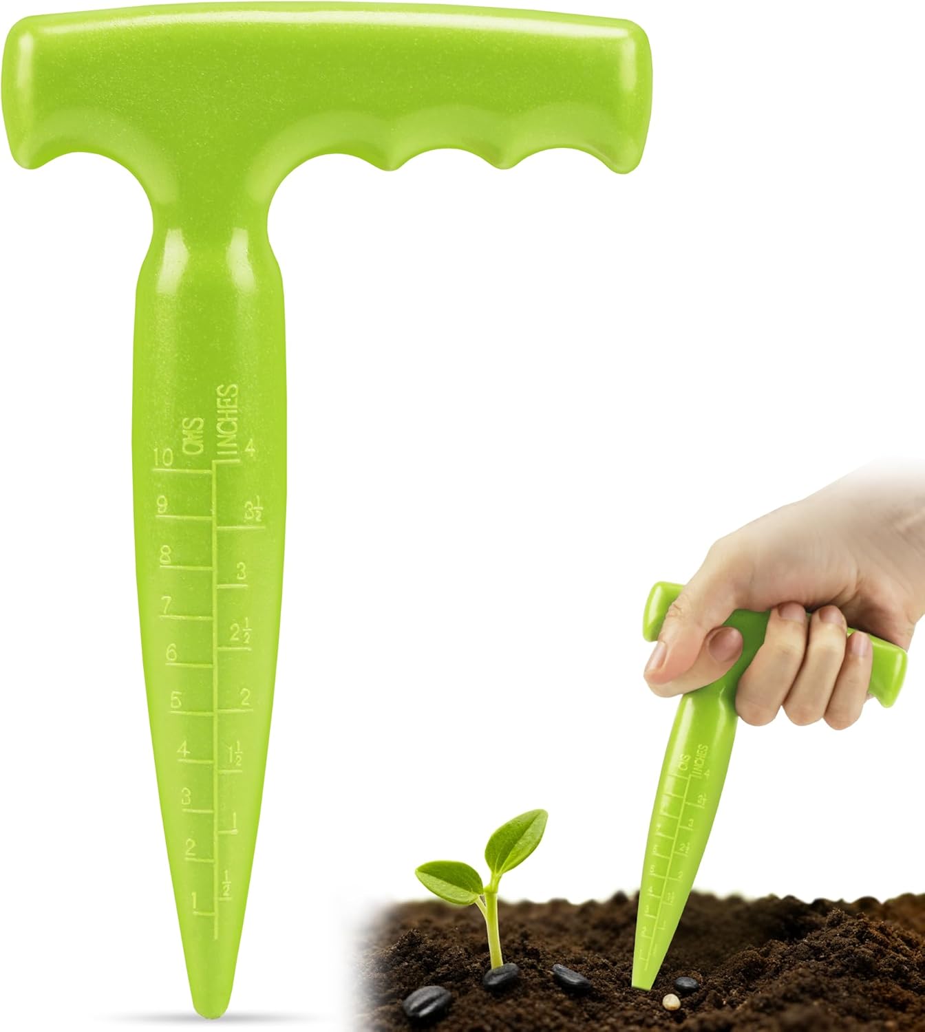 Seed planter tool, 17.5 cm Dibber garden tool, plastic seed dibbler for plants, bulb digger garden planter with handle for sowing seeds, bulbs, digging (light green) Light green - Image 1