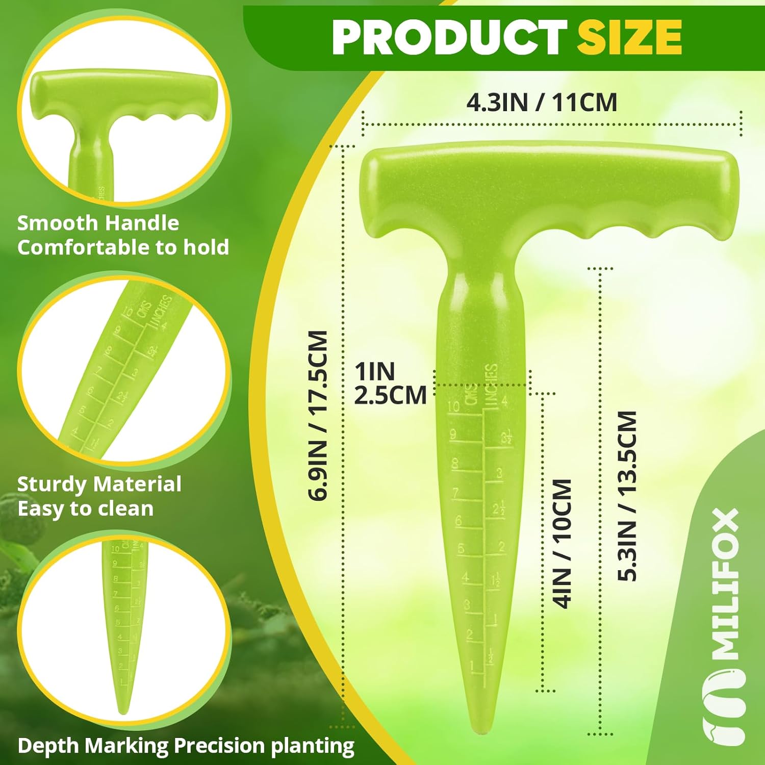 Seed planter tool, 17.5 cm Dibber garden tool, plastic seed dibbler for plants, bulb digger garden planter with handle for sowing seeds, bulbs, digging (light green) Light green - Image 2