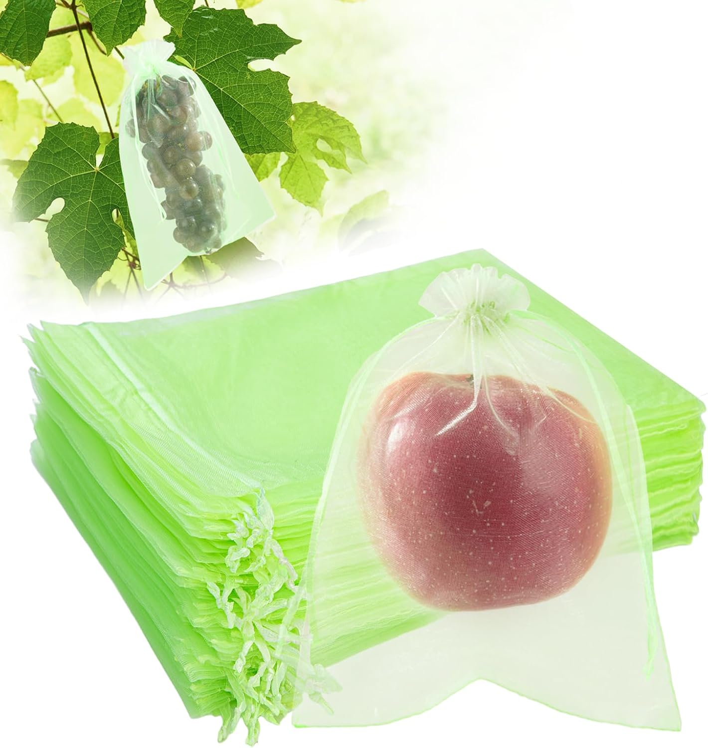 50 pieces fruit protection bags with drawstring, 15x20 cm green organza bags, reusable bird nets and insect mesh for garden vegetable patch 15×20cm - Image 1