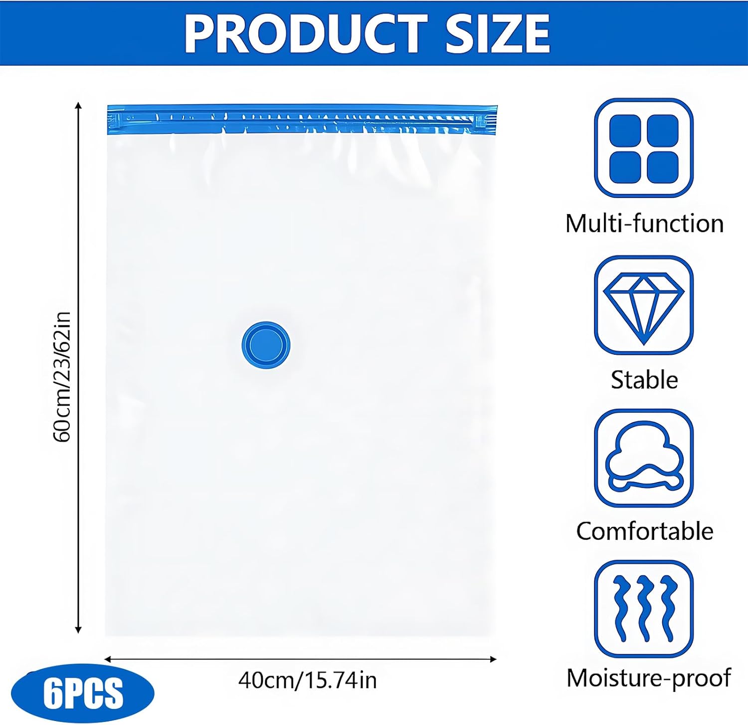 6 pieces vacuum storage bags for clothes, reusable, 40 x 60 cm travel essentials sealer compression bags, space-saving vacuum cube packaging bags, storage jackets, towels - Image 2