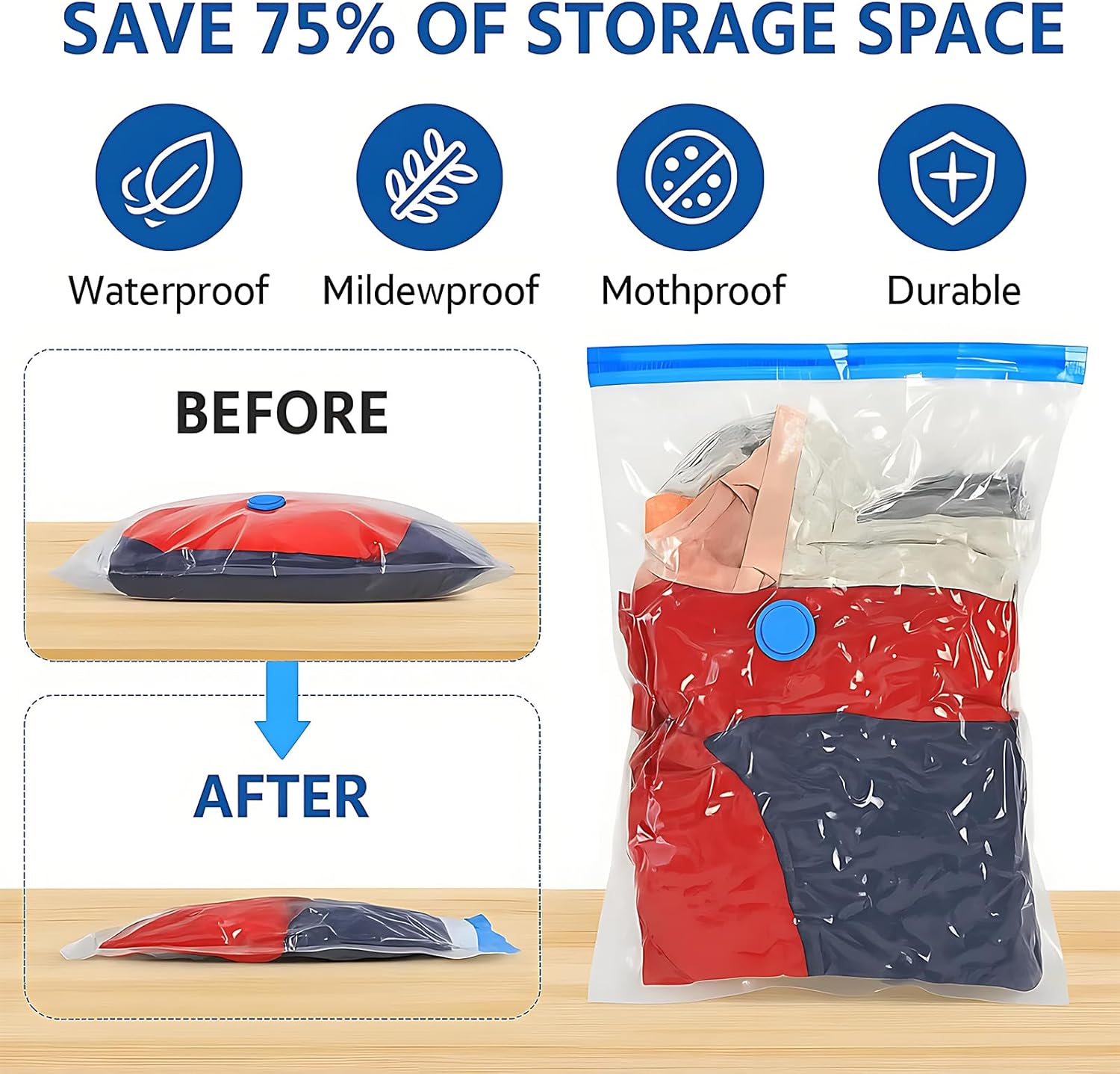 6 pieces vacuum storage bags for clothes, reusable, 40 x 60 cm travel essentials sealer compression bags, space-saving vacuum cube packaging bags, storage jackets, towels - Image 5