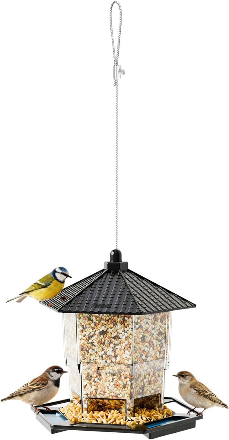 Bird Feeder Houses | Hanging and Refillable Feeding Station Squirrel-Proof Window Bird Feeder Including Landing Perch for Outdoor Garden Birds Wildlife Black - Image 1