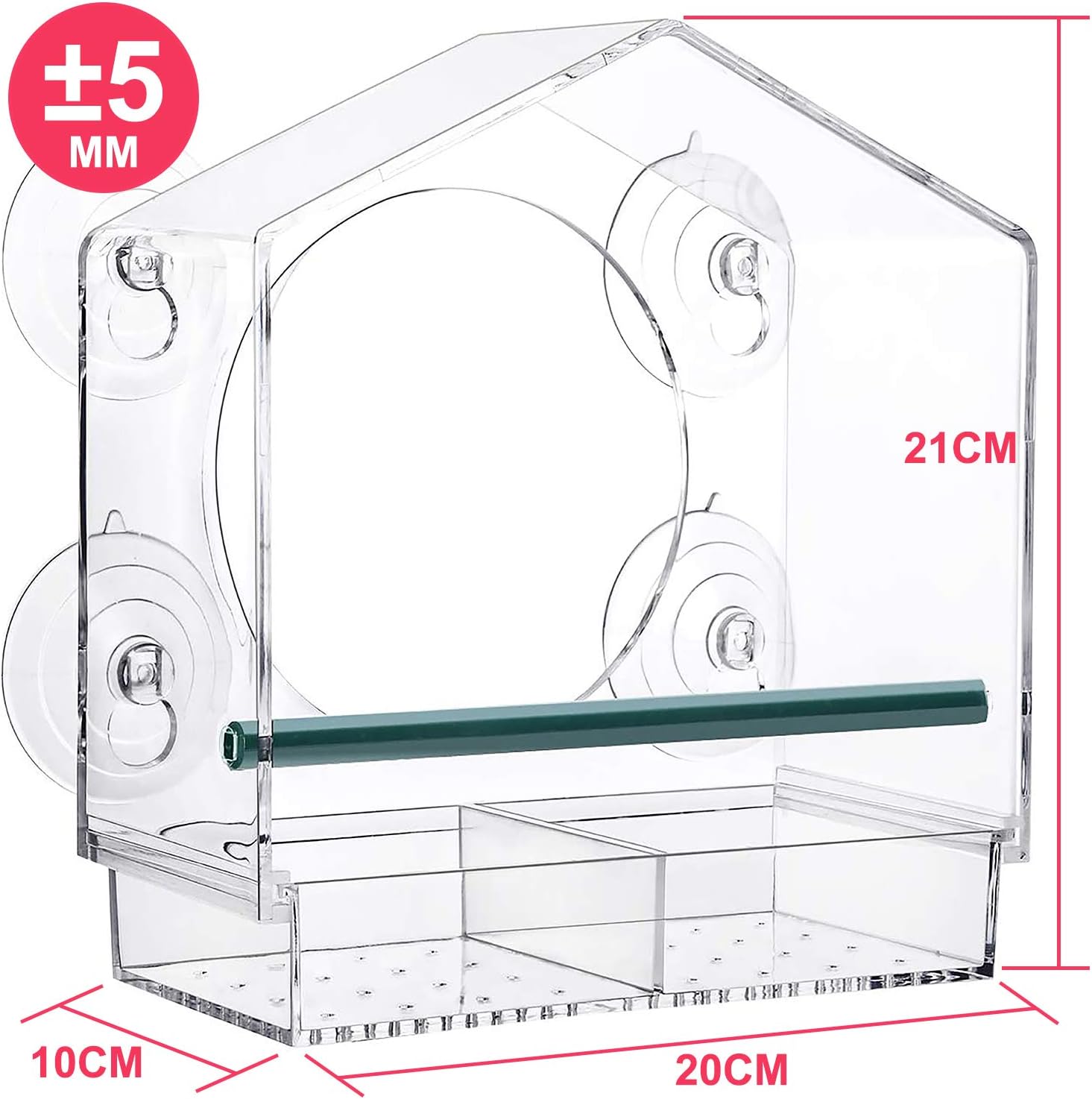 Strong suction window bird feeder, large capacity window bird feeder with removable seed tray and drainage holes for bird food, suitable for Dunnock, Blue Tit, Robin and small wild birds, 21 cm x 20 cm x 10 cm - Image 2