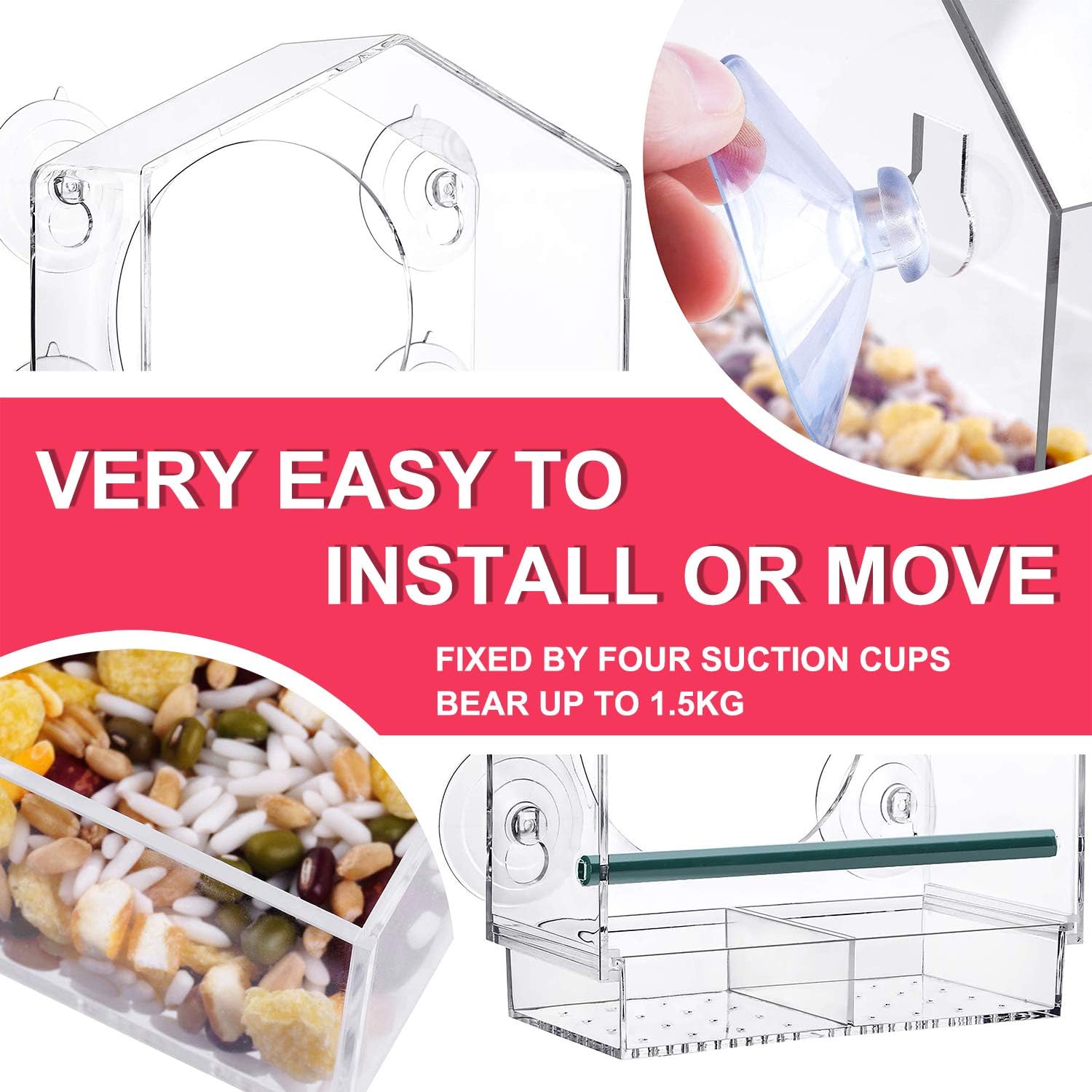 Strong suction window bird feeder, large capacity window bird feeder with removable seed tray and drainage holes for bird food, suitable for Dunnock, Blue Tit, Robin and small wild birds, 21 cm x 20 cm x 10 cm - Image 3