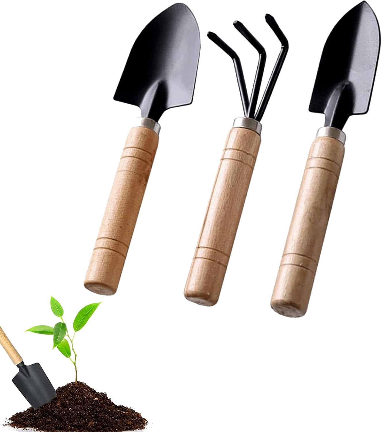 Garden tool set, 3-piece garden tool set, garden trowel, small, wooden handle, hand trowels, small garden set for bonsai, tool, plant pot, flowers - Image 1