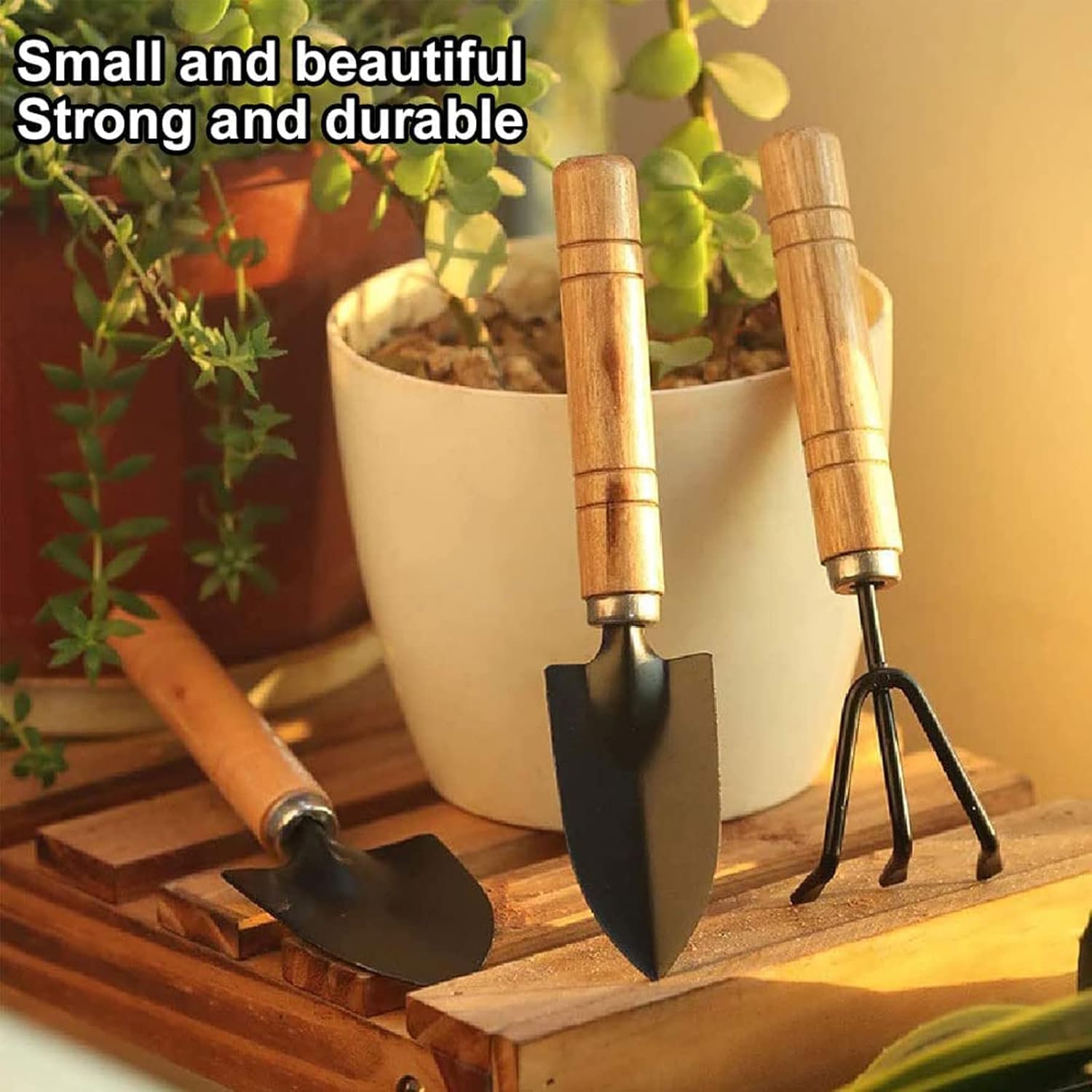 Garden tool set, 3-piece garden tool set, garden trowel, small, wooden handle, hand trowels, small garden set for bonsai, tool, plant pot, flowers - Image 3