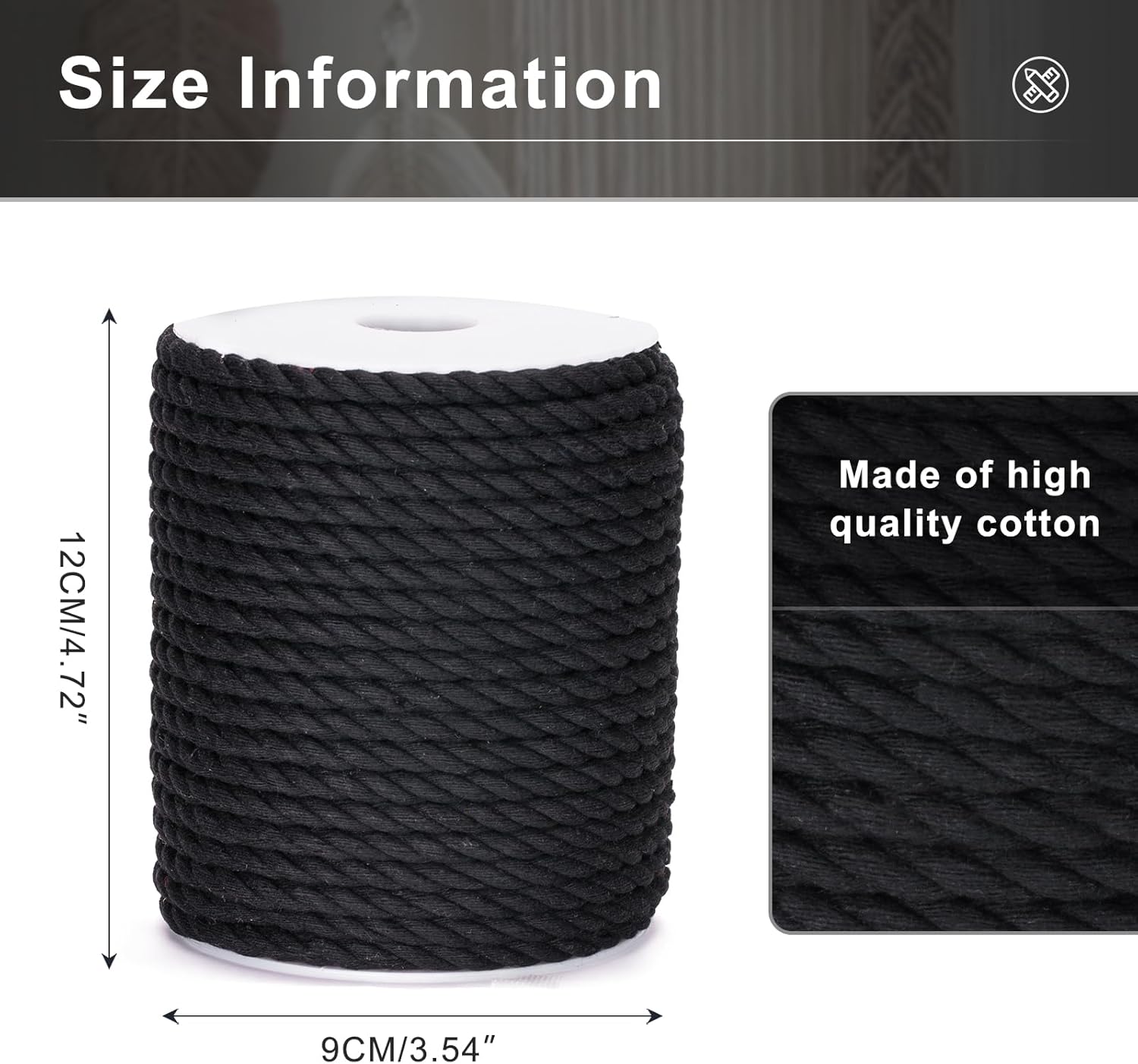 Petluno Macramé Cord 6 mm, 30 m Black Cotton Rope Thick for Crafting, Wall Hangings, Plant Hangers, Knitting, Gardening, Decoration Black 6mm 30m - Image 2