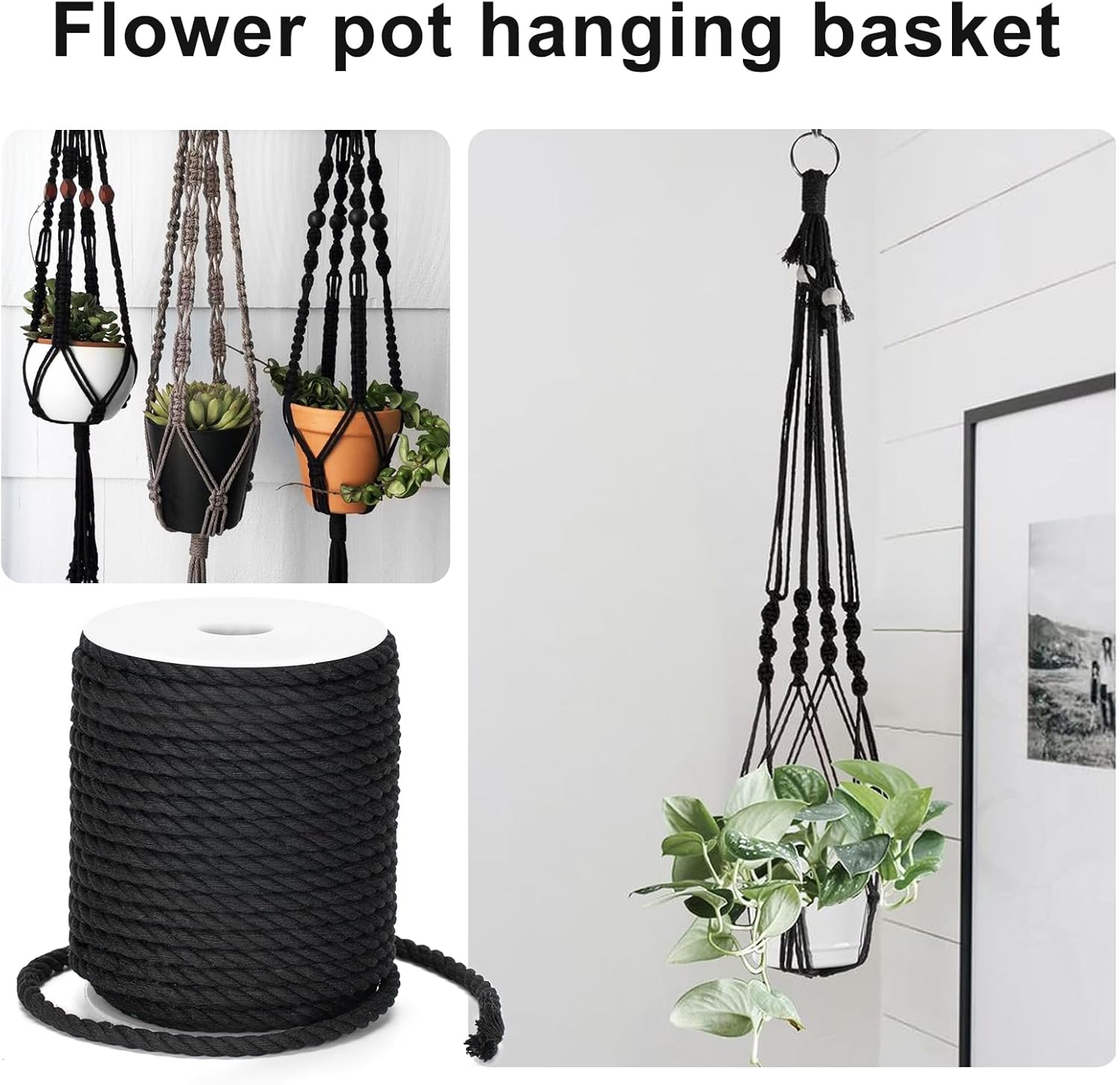Petluno Macramé Cord 6 mm, 30 m Black Cotton Rope Thick for Crafting, Wall Hangings, Plant Hangers, Knitting, Gardening, Decoration Black 6mm 30m - Image 5