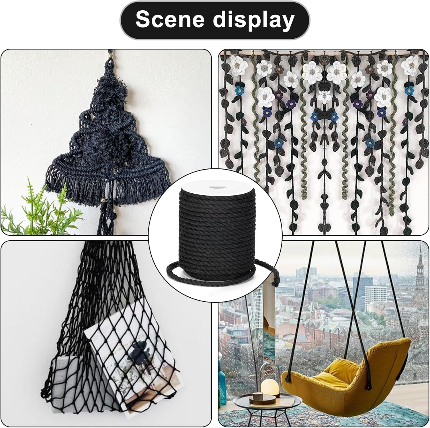 Petluno Macramé Cord 6 mm, 30 m Black Cotton Rope Thick for Crafting, Wall Hangings, Plant Hangers, Knitting, Gardening, Decoration Black 6mm 30m - Image 6