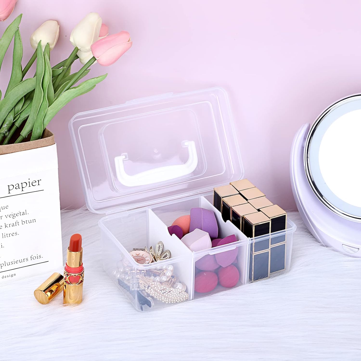 Petluno Clear Stackable Storage Box with Divider Tray, Plastic 3-Compartment Multi-functional Container for Nail Polish, Toys, Crafts, Stationery, Sewing, Fishing Gear Transparent Small - Image 2