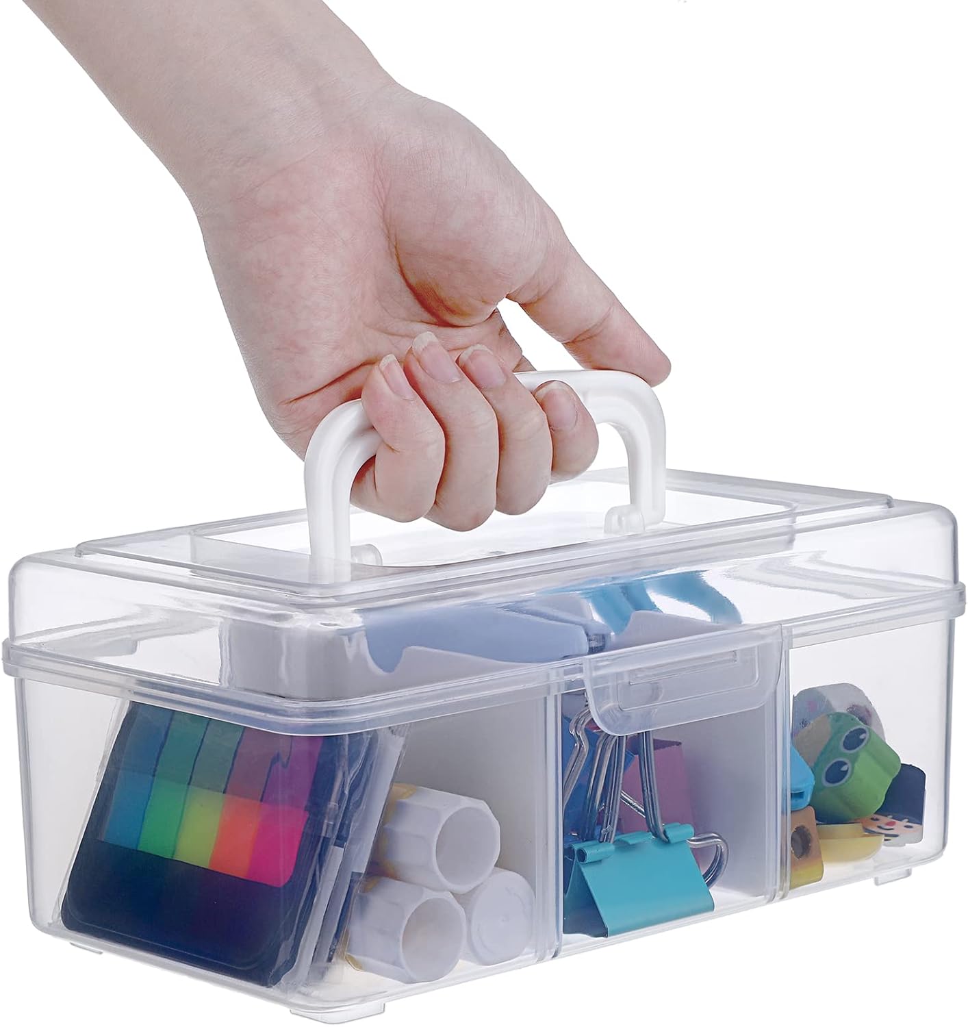 Petluno Clear Stackable Storage Box with Divider Tray, Plastic 3-Compartment Multi-functional Container for Nail Polish, Toys, Crafts, Stationery, Sewing, Fishing Gear Transparent Small - Image 4