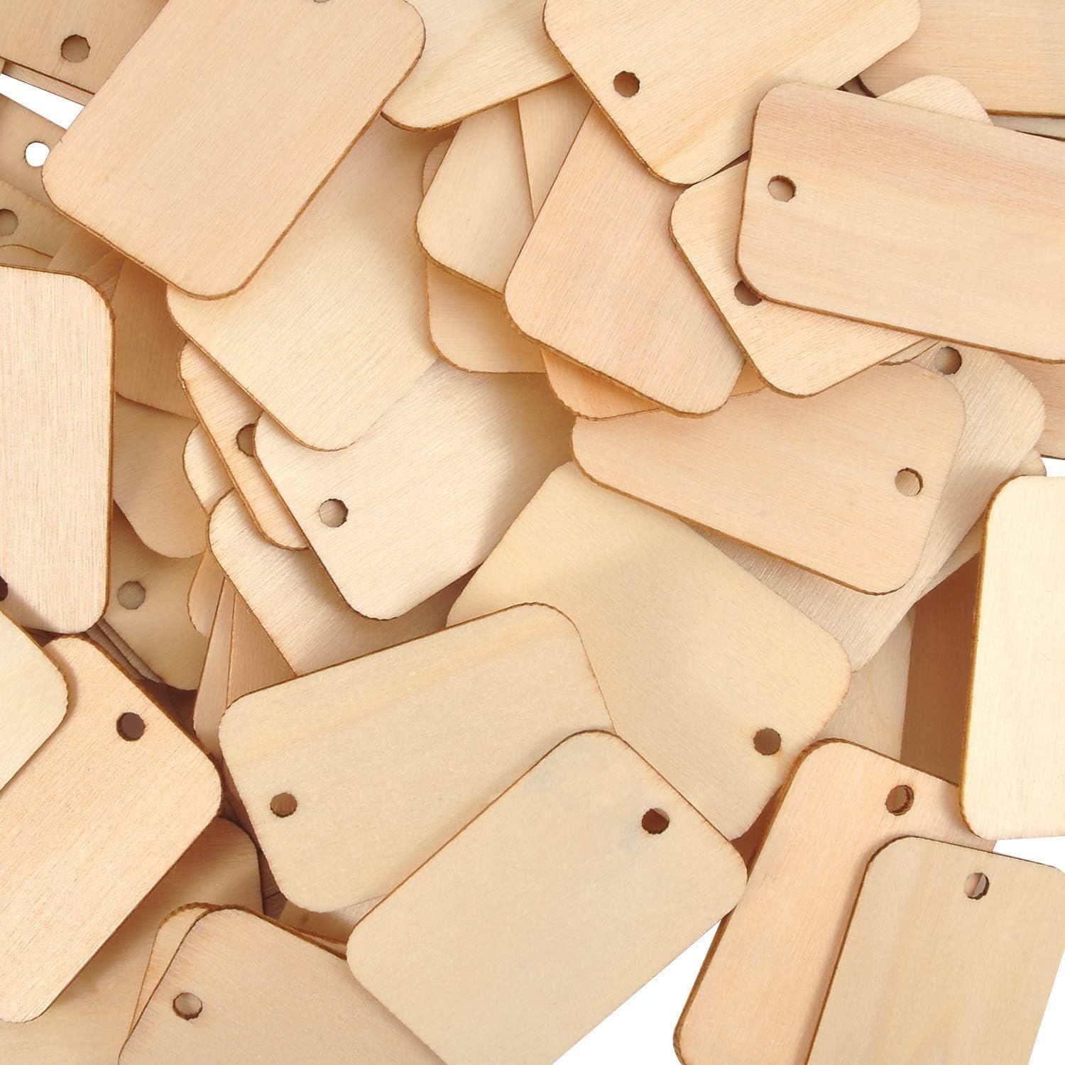 Petluno 100 x Rectangle Unfinished Wooden Planks Pieces of Wood with Holes and Keyrings for Crafting, Labels Pyrography, Wedding Gift, Christmas Decorations, Party Favors Gift - Image 7