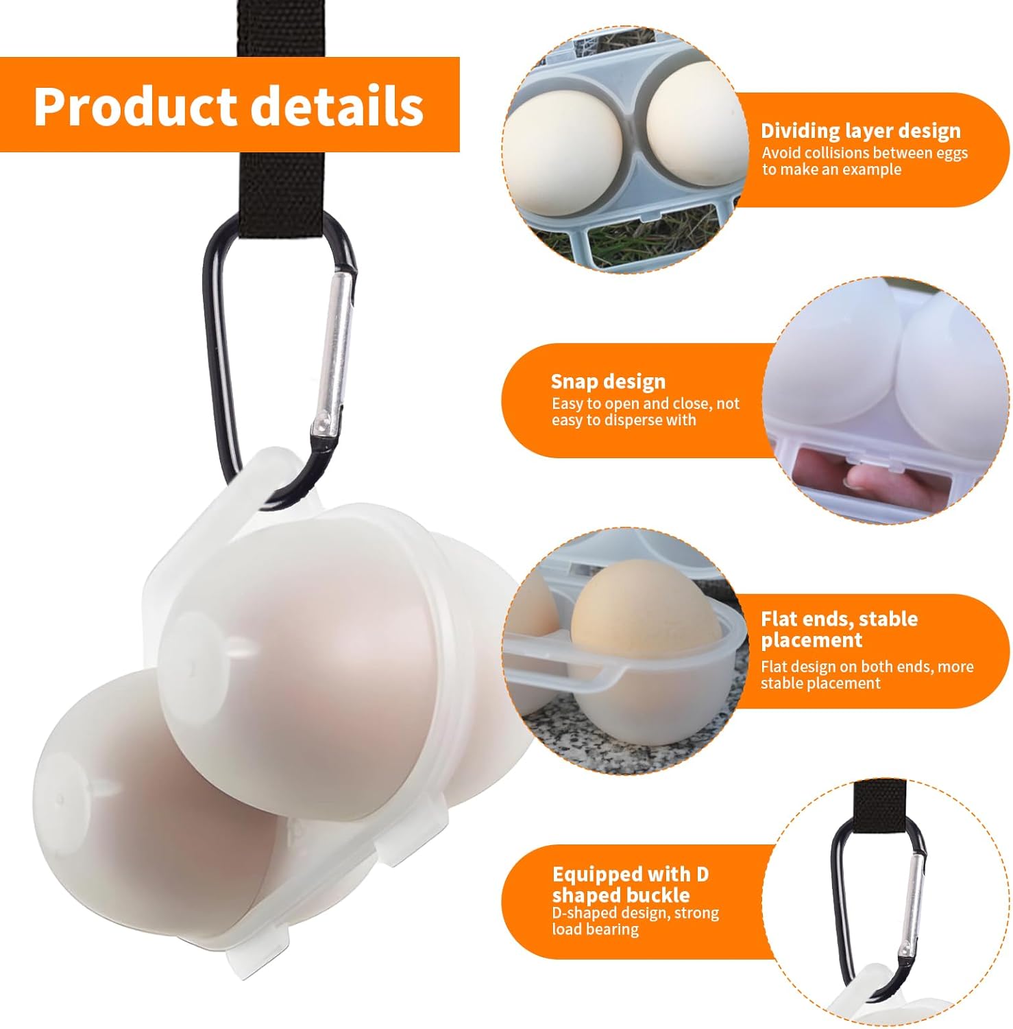 3 pieces egg holders for 2 eggs, egg box, portable egg case with carabiner, egg holder, plastic, transparent, refrigerator, kitchen, outdoor, picnic, camping - Image 3